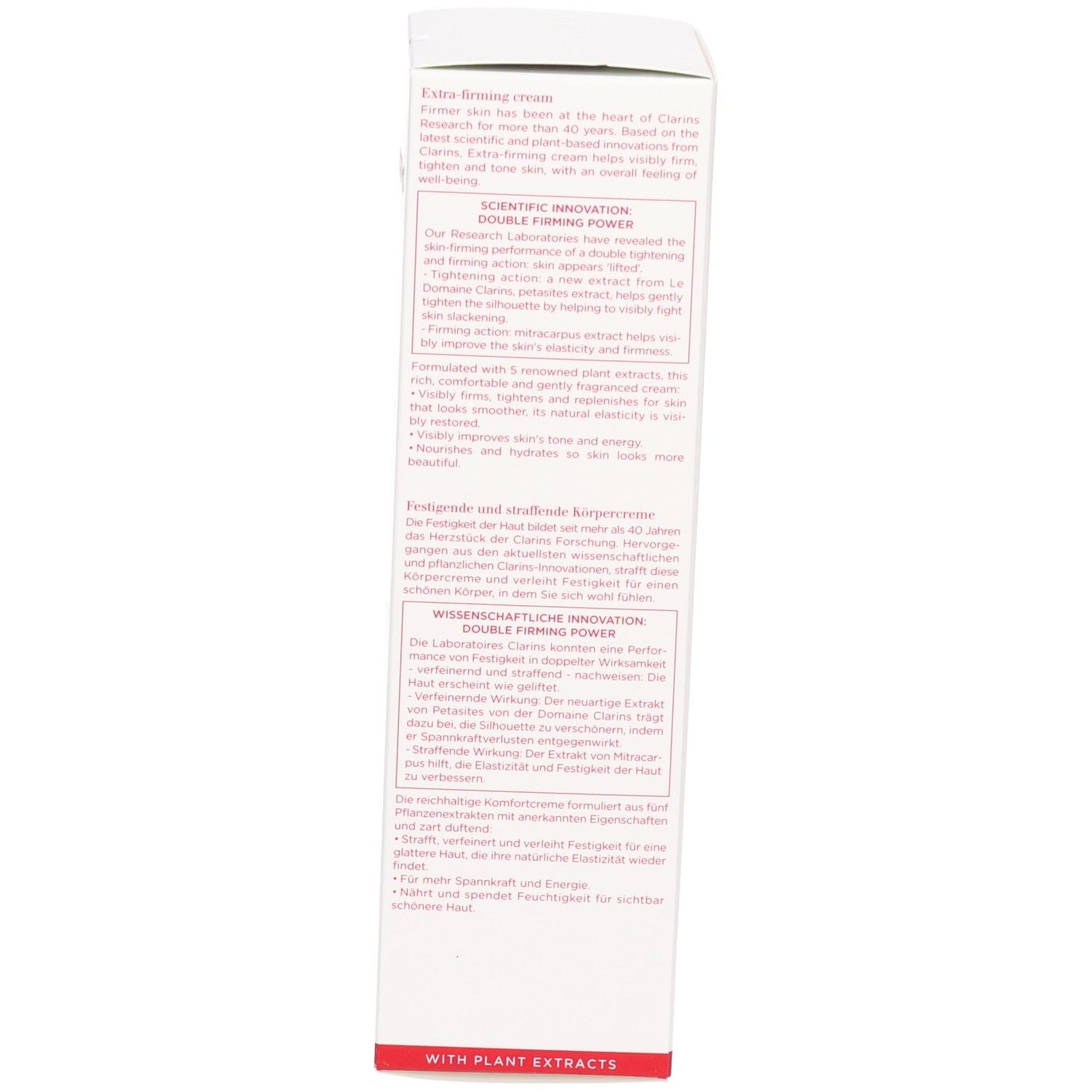 Emballage Crème Corps Raffermissante Clarins, côté avec bénéfices produit