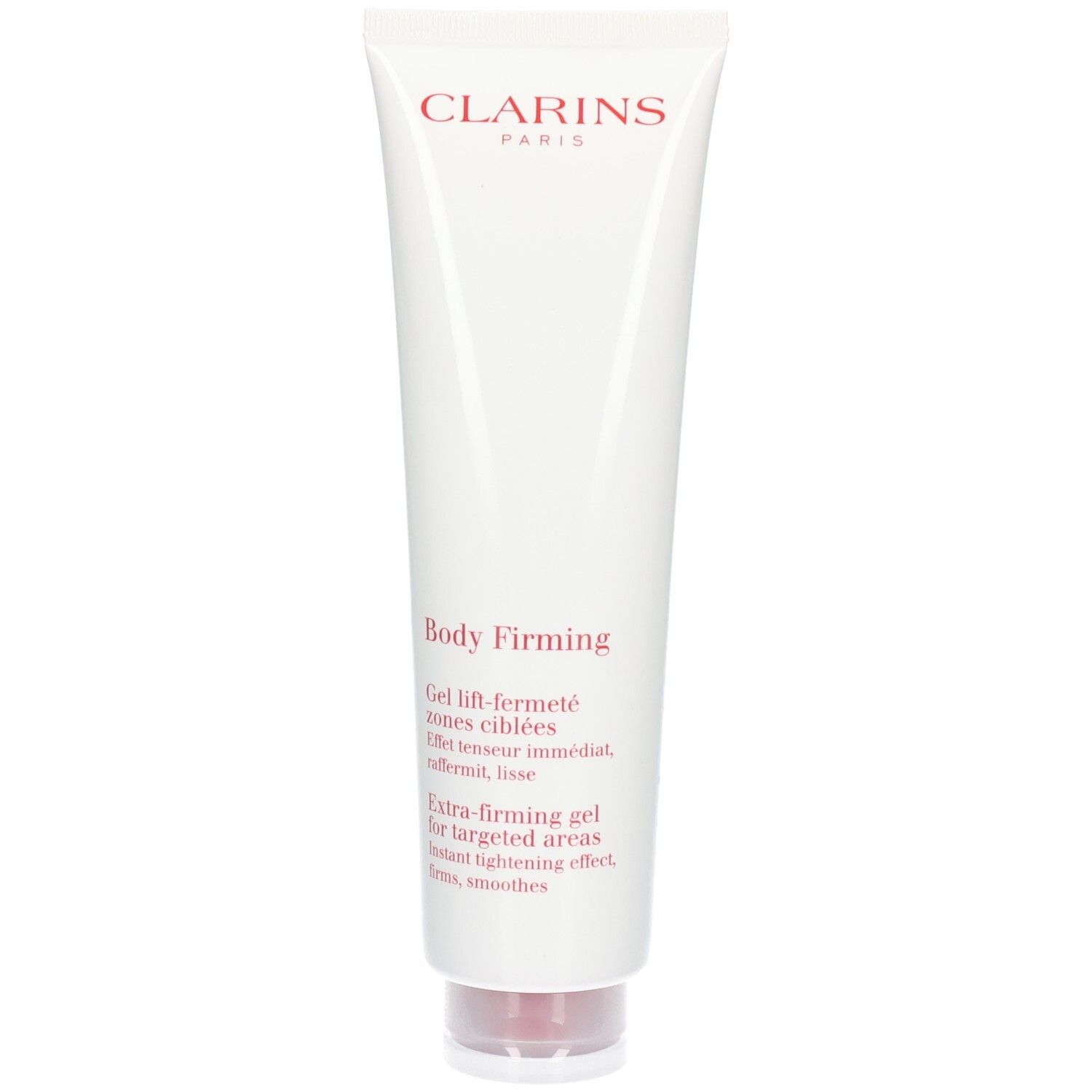 Tube de Gel Raffermissant Corps Clarins. Tube blanc avec logo et texte rouges. Bouchon à clapet.