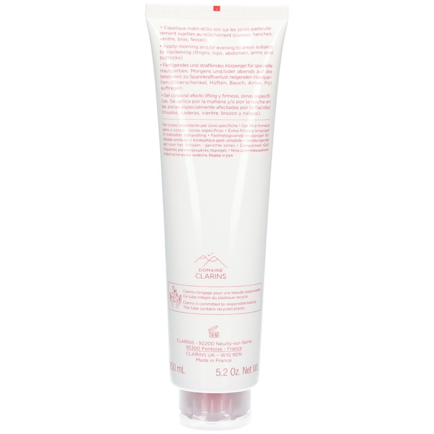 Dos du tube de Gel Raffermissant Corps Clarins. Tube blanc avec texte détaillé et logo.