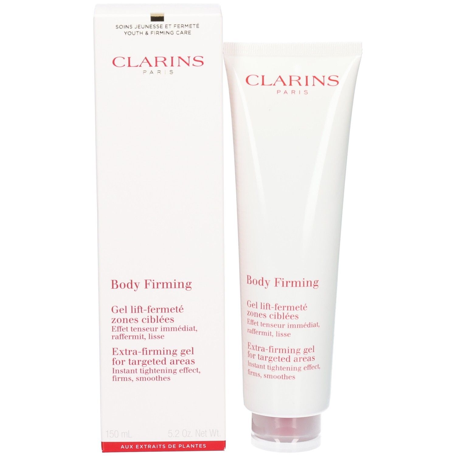 Tube et emballage de Gel Raffermissant Corps Clarins. Tube blanc et boîte en carton avec logo rouge.