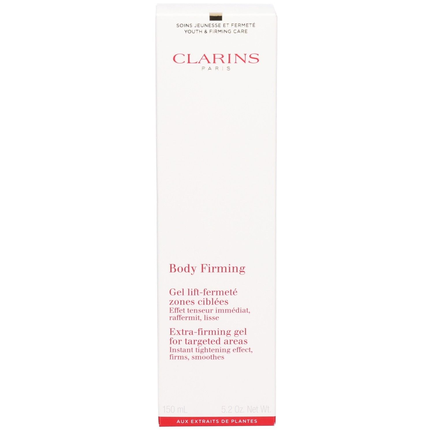 Boîte de Gel Raffermissant Corps Clarins. Boîte blanche avec logo rouge et informations produit.