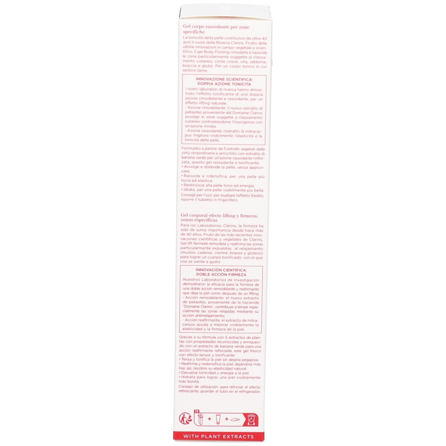 Côté de l'emballage de Gel Raffermissant Corps Clarins. Boîte blanche avec texte détaillé.