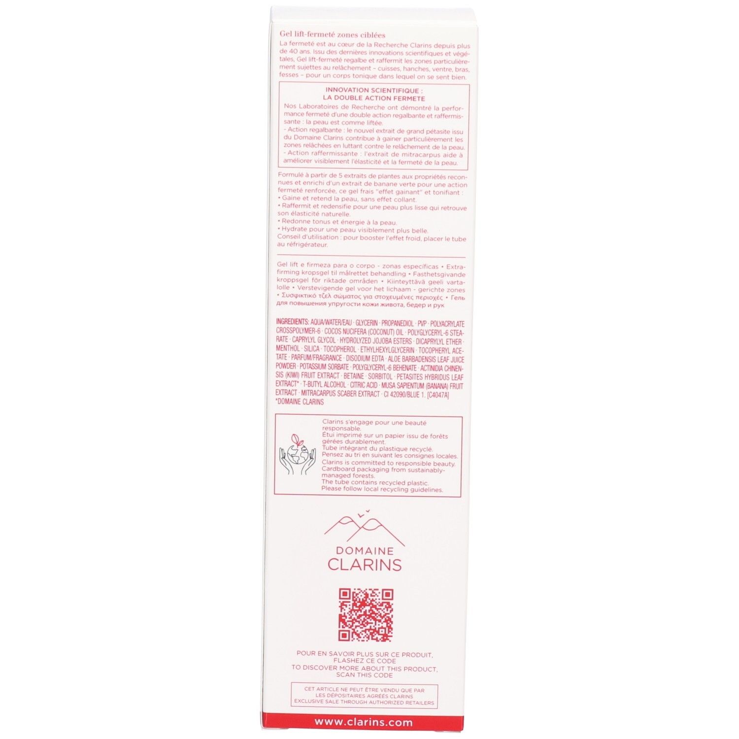 Côté de l'emballage de Gel Raffermissant Corps Clarins. Boîte blanche avec texte italien et symboles.