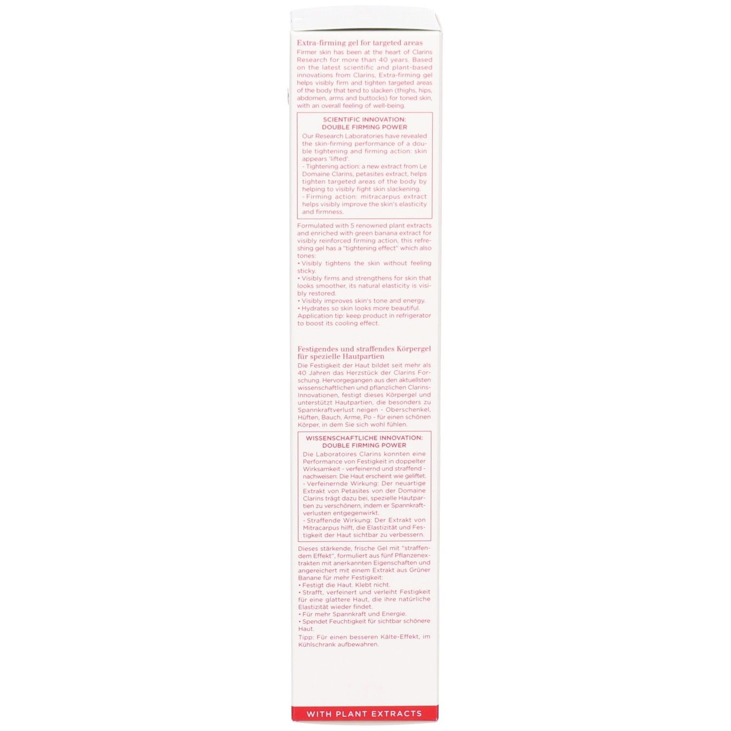 Côté de l'emballage de Gel Raffermissant Corps Clarins. Boîte blanche avec texte anglais et allemand.