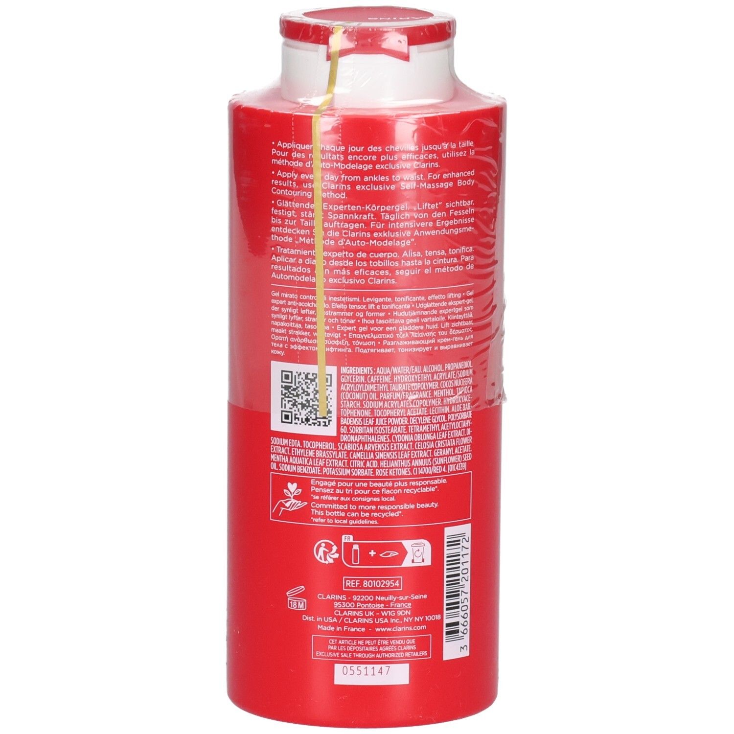 Arrière de la bouteille Clarins Body Fit Active avec ingrédients et code QR.