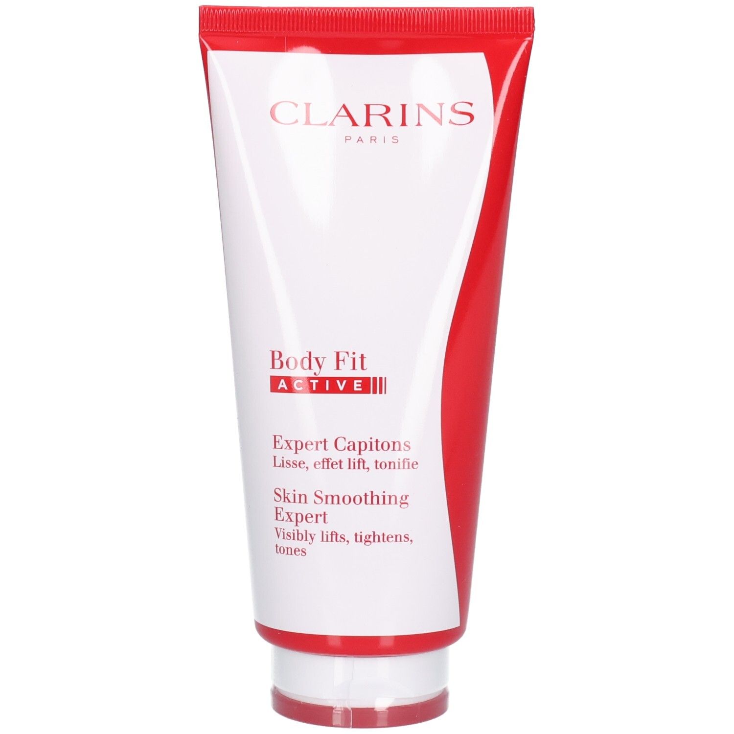Tube Clarins Body Fit Active avec bouchon rouge et étiquette blanc-rouge.