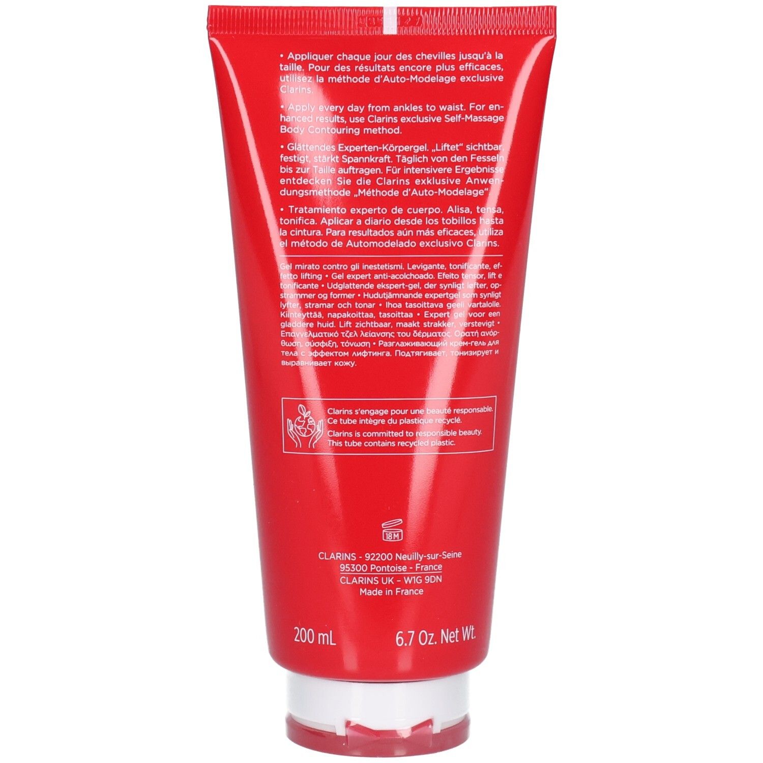 Dos de la tube Clarins Body Fit Active avec informations produit et mention 200 ml.