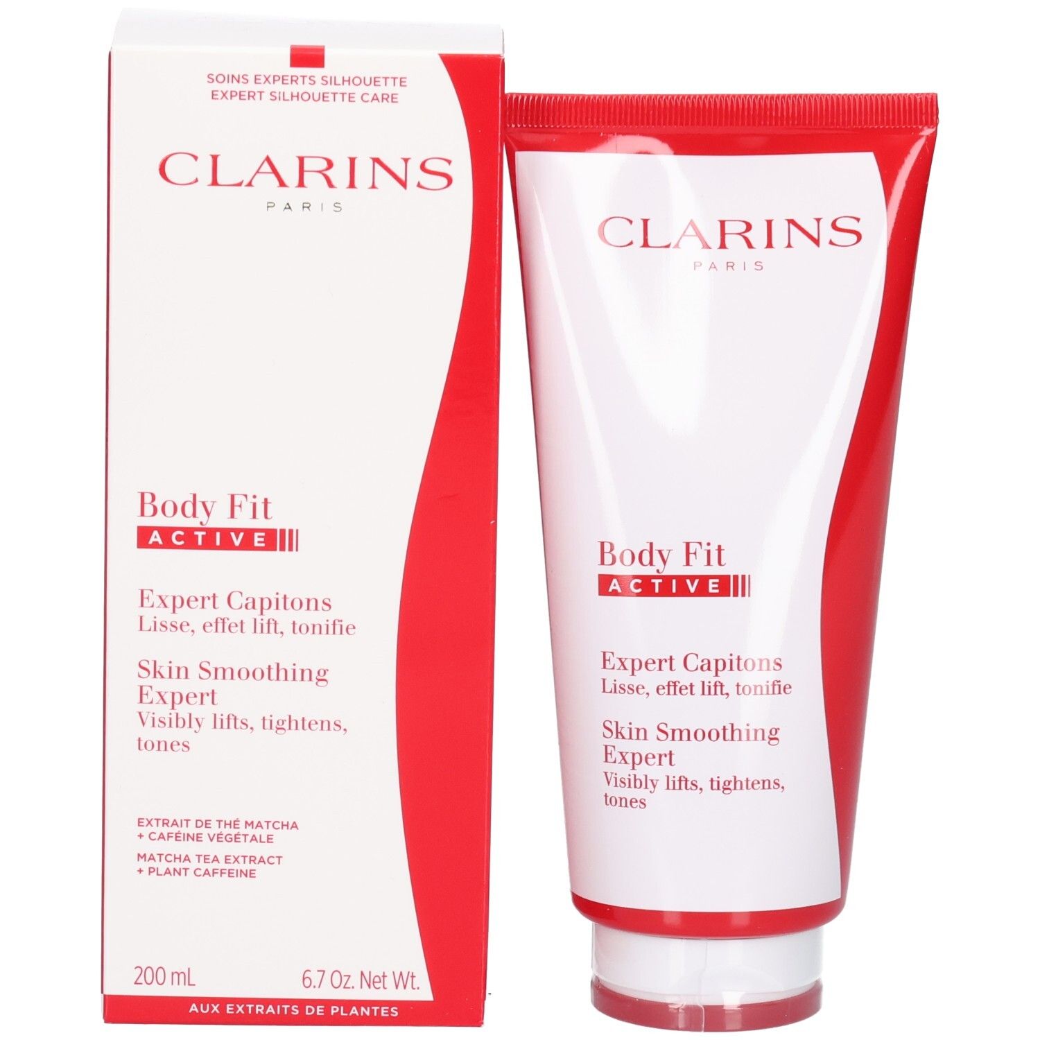 Tube et boîte d'emballage Clarins Body Fit Active, blanc avec accents rouges.