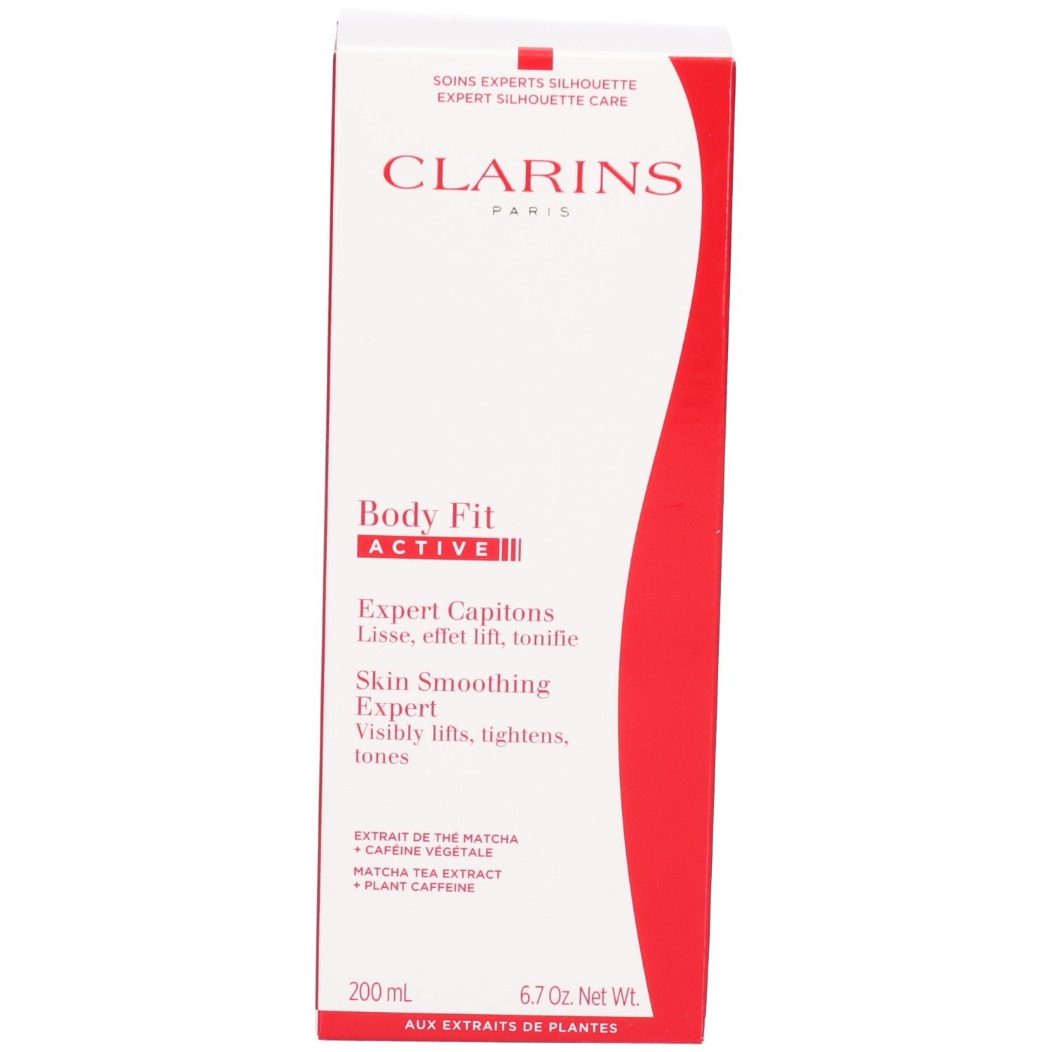 Boîte d'emballage Clarins Body Fit Active, blanche avec des éléments de design rouges.
