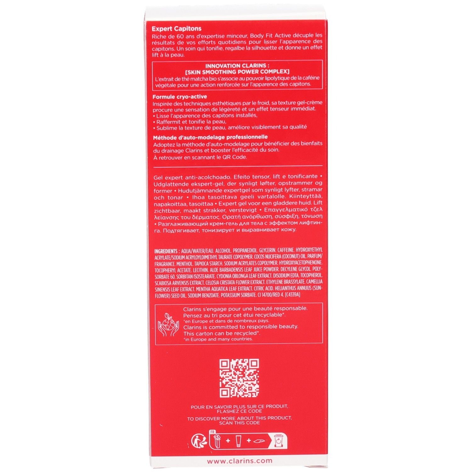 Côté de l'emballage Clarins Body Fit Active avec textes allemands et anglais.