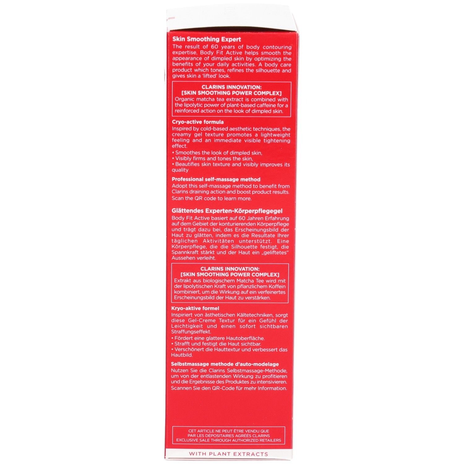 Côté de l'emballage Clarins Body Fit Active avec textes anglais et allemands.