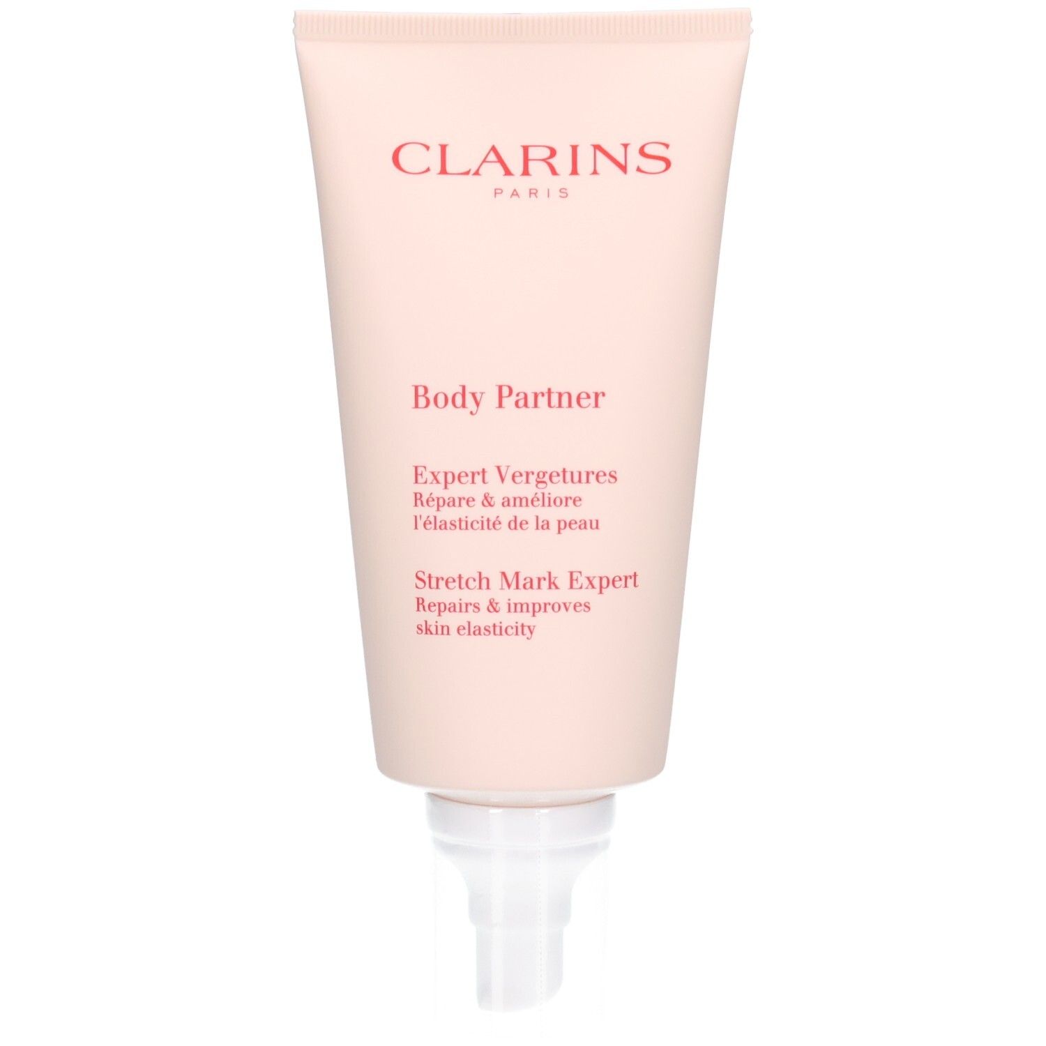 Tube Clarins Body Partner avec pompe, rose pâle.