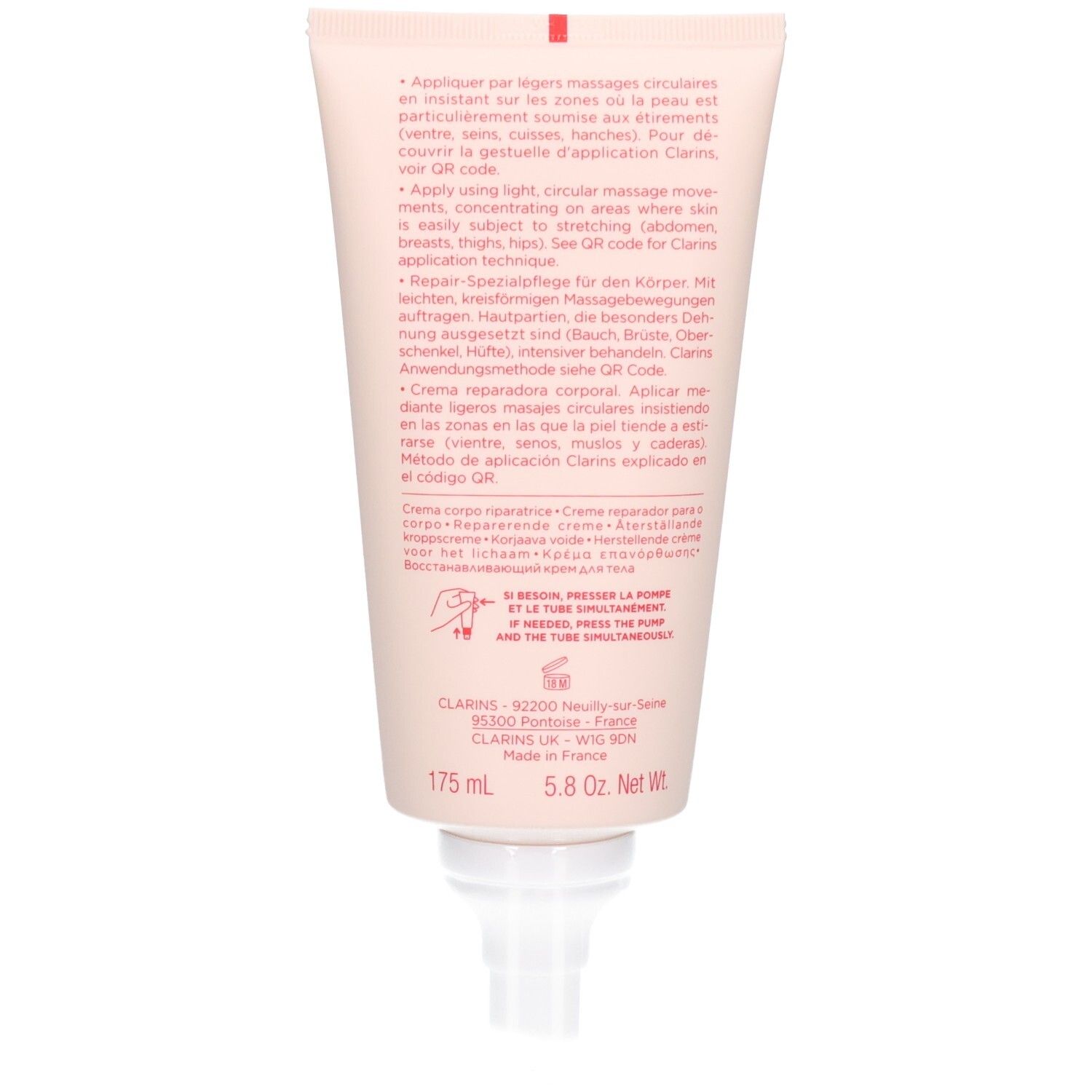Arrière d'un tube Clarins Body Partner avec instructions d'application multilingues.