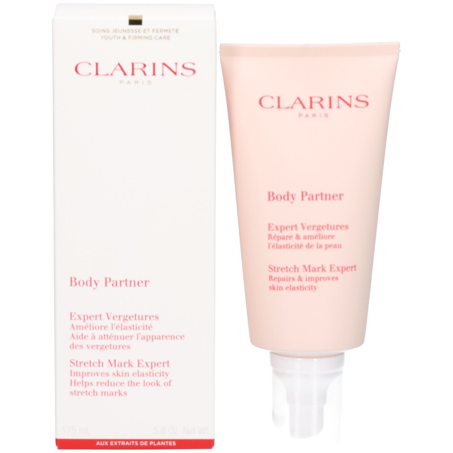 Tube et emballage Clarins Body Partner, rose pâle et blanc.