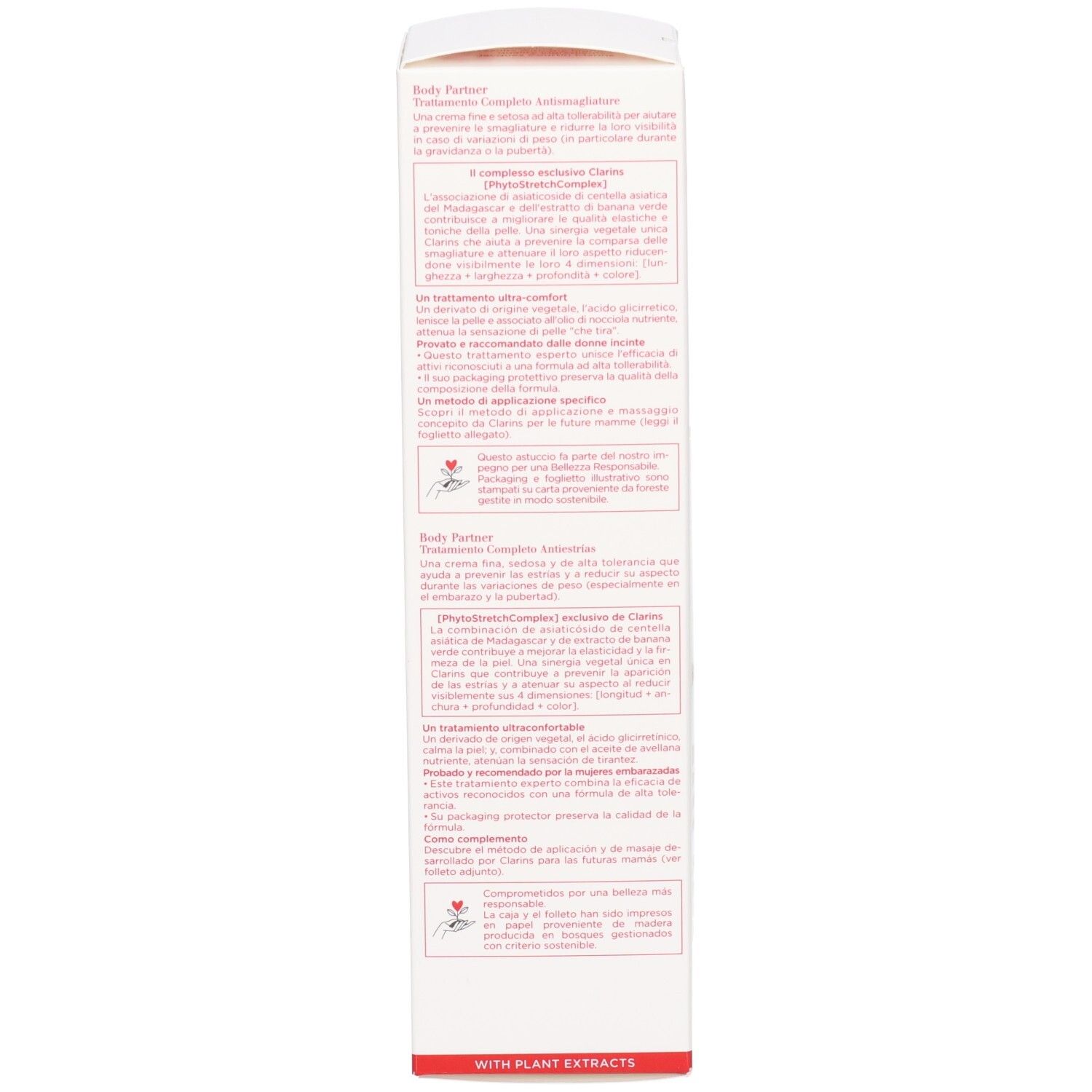 Côté de l'emballage Clarins Body Partner avec informations détaillées sur le produit.