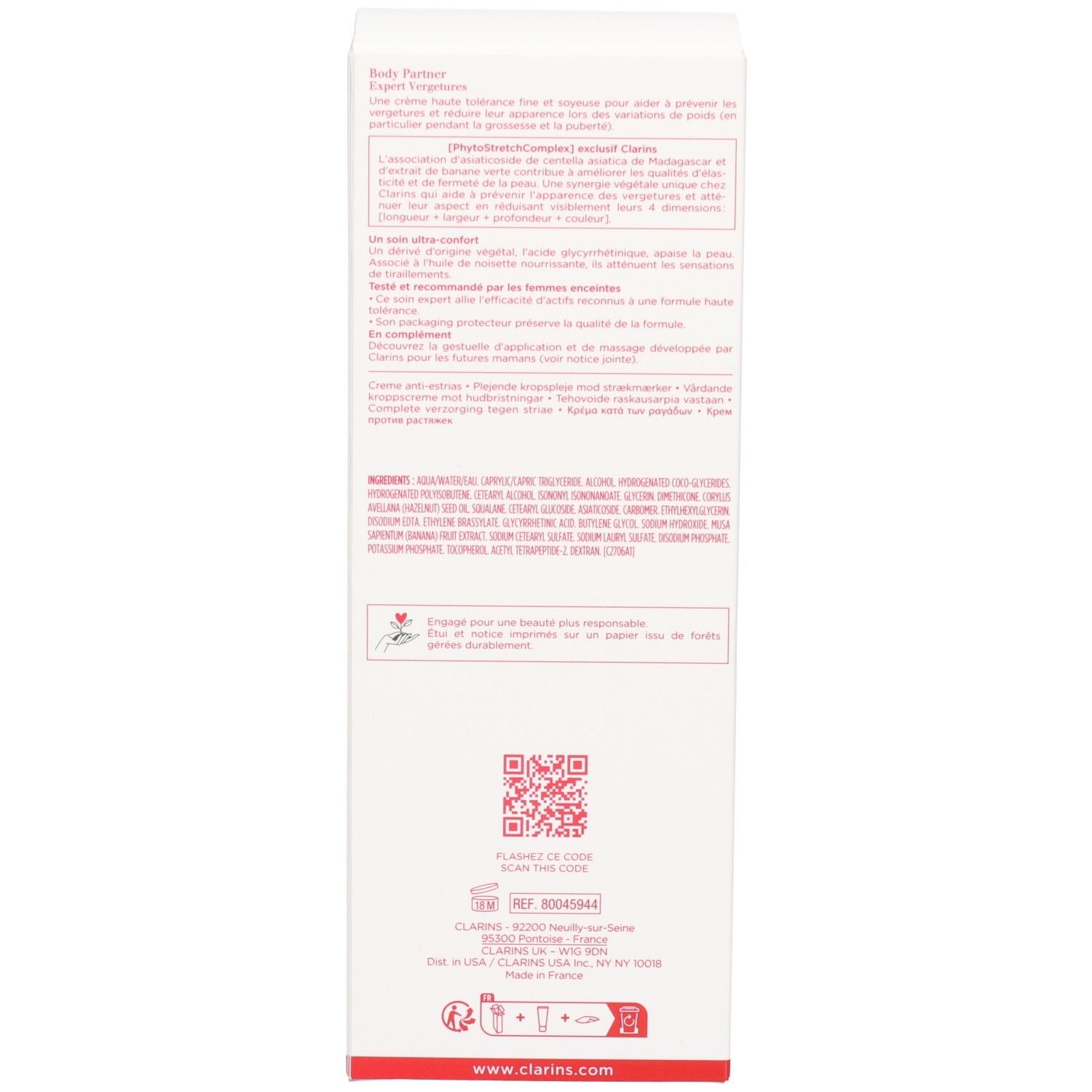 Côté de l'emballage Clarins Body Partner avec ingrédients et code QR.