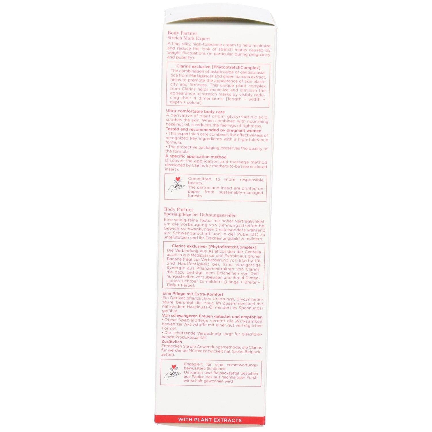 Côté de l'emballage Clarins Body Partner avec instructions d'application et sceaux.