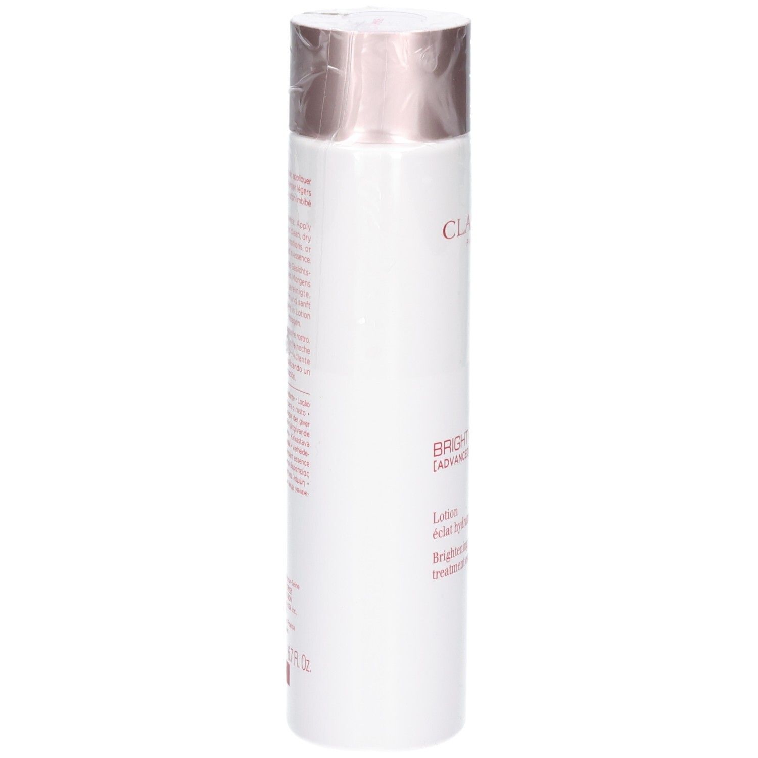 Lotion Clarins Bright Plus : arrière du flacon blanc avec description détaillée du produit et instructions d'utilisation.