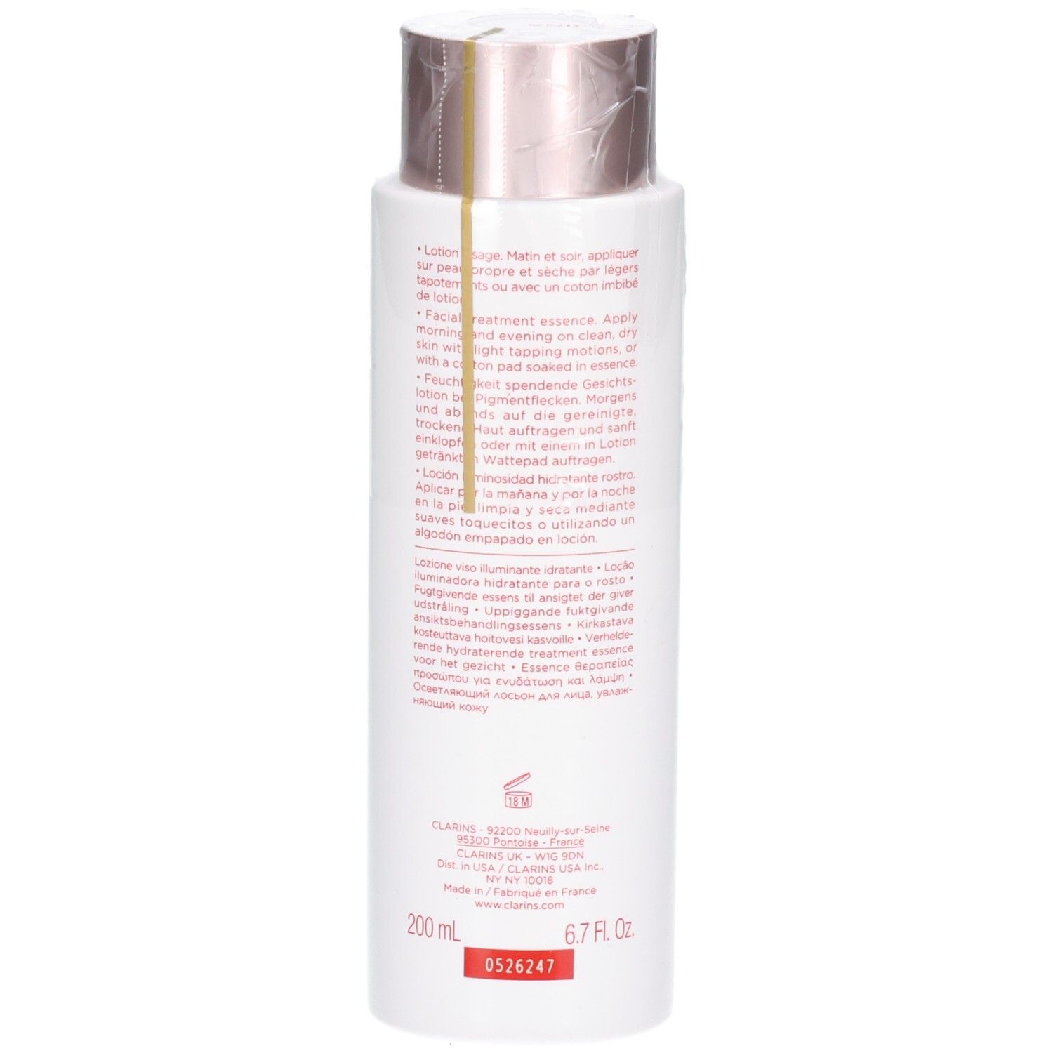 Lotion Clarins Bright Plus : arrière du flacon indiquant le volume (200 ml / 6.7 Fl. Oz.) et le code produit.