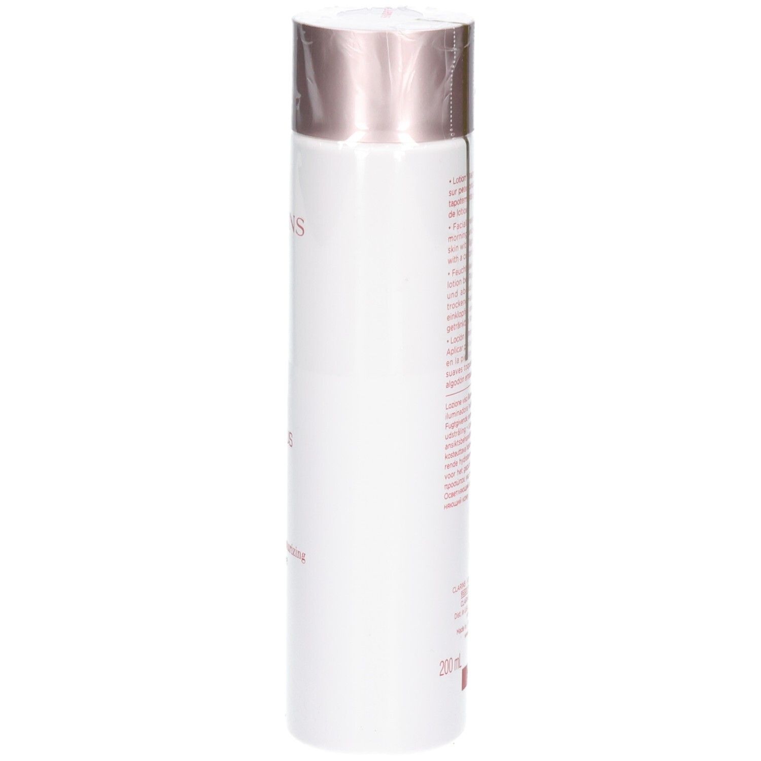 Lotion Clarins Bright Plus : vue latérale du flacon blanc avec bouchon rosé et étiquette produit.