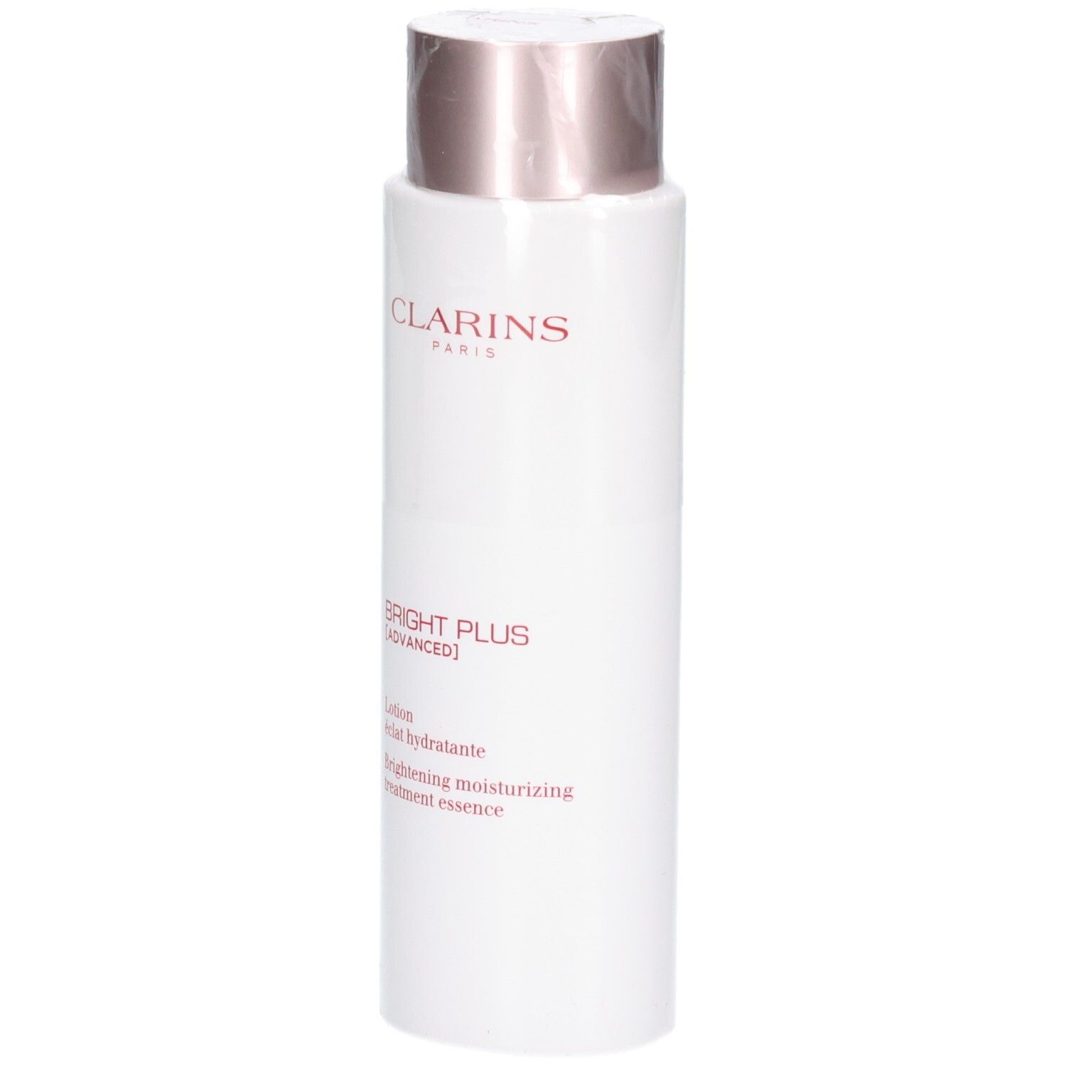 Lotion Clarins Bright Plus : flacon blanc avec bouchon rosé. Contient une lotion essence traitante hydratante éclaircissante.