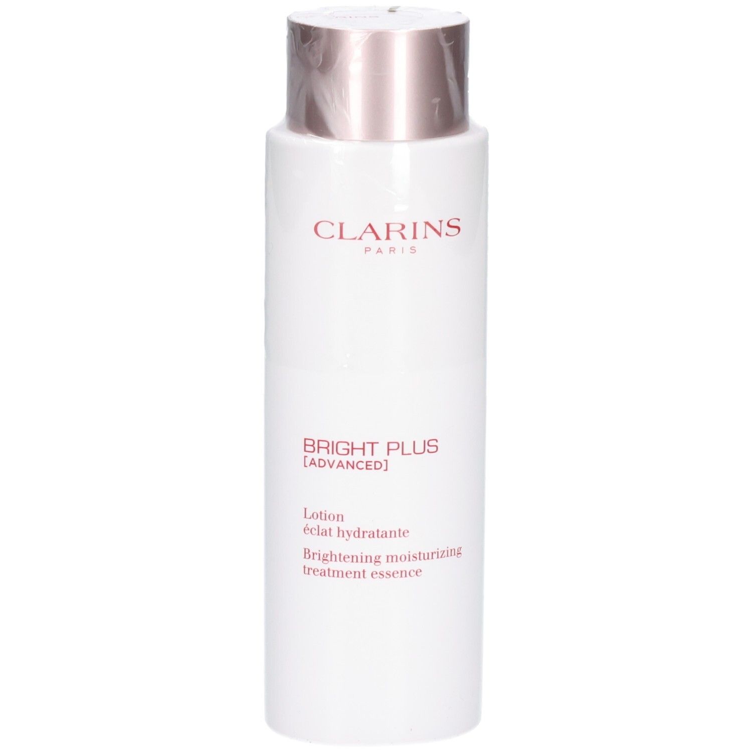 Lotion Clarins Bright Plus : flacon blanc avec bouchon rosé. Contient une lotion essence traitante hydratante éclaircissante.