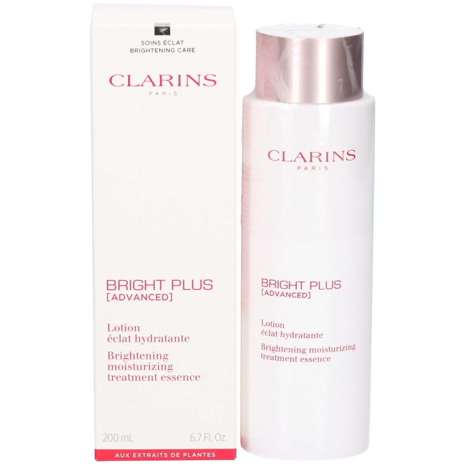 Lotion Clarins Bright Plus et emballage : flacon et boîte blancs avec informations produit et nom de marque.