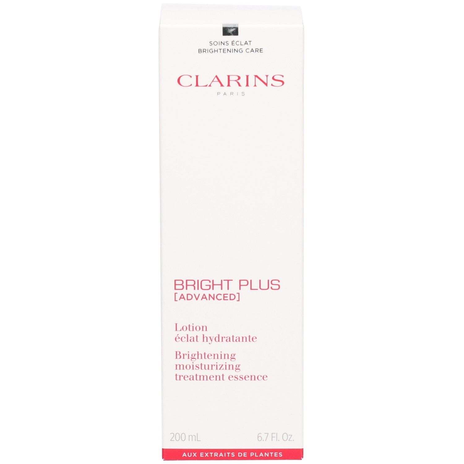 Emballage Lotion Clarins Bright Plus : boîte en carton blanche avec nom du produit et détails de la marque.