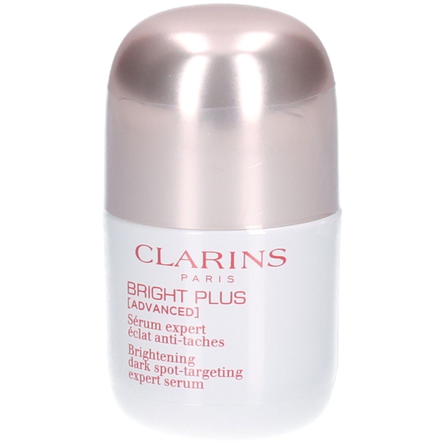 Flacon Clarins Bright Plus Sérum avec bouchon rosé doré.