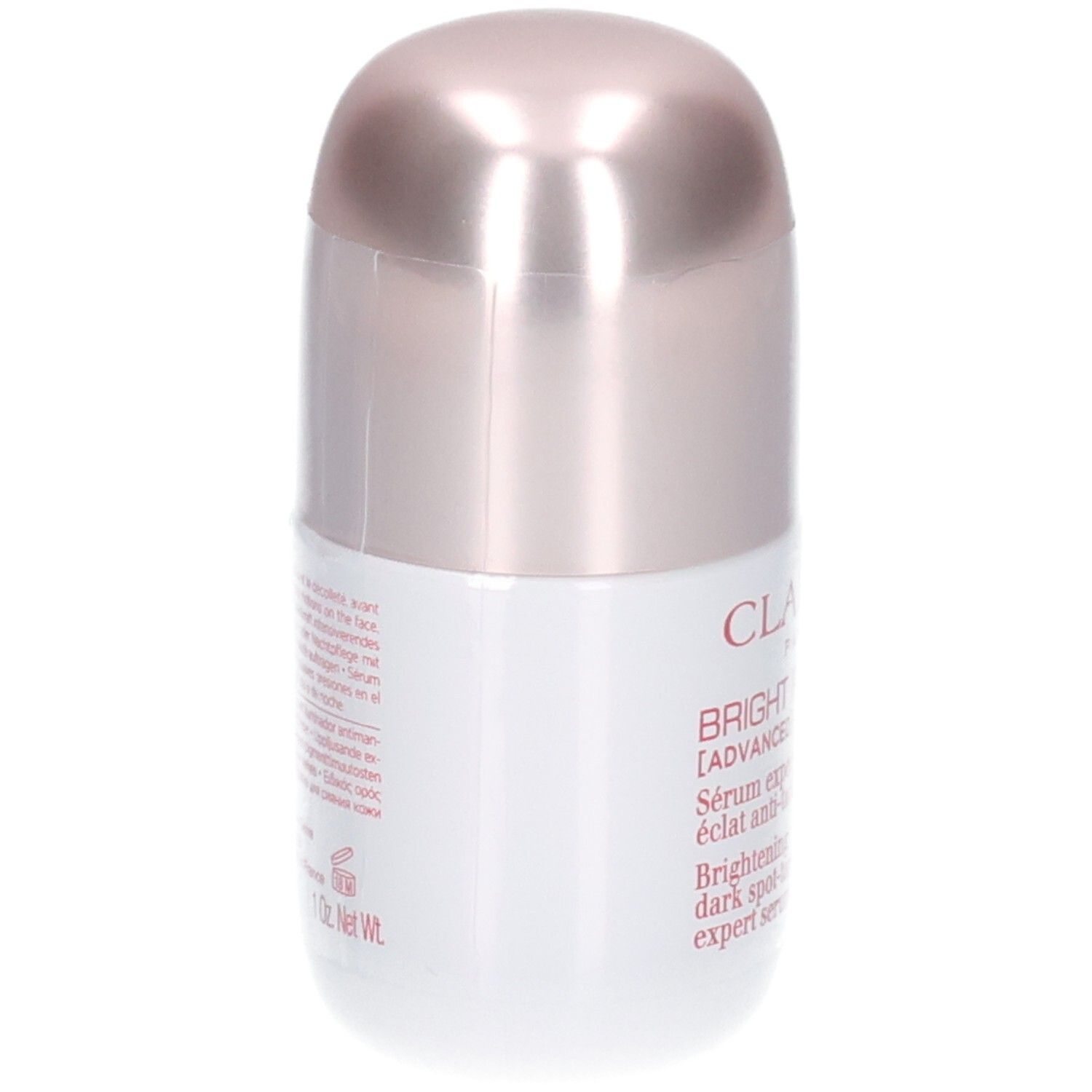 Flacon Clarins Bright Plus Sérum, vue latérale avec texte.