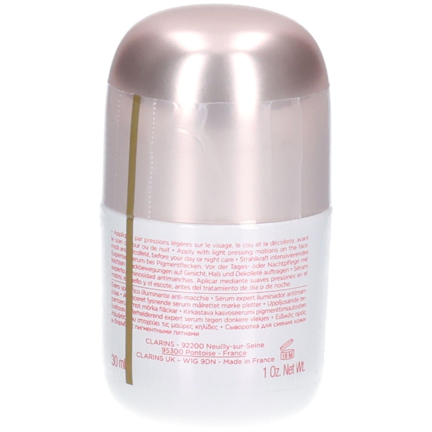 Flacon Clarins Bright Plus Sérum avec instructions d'utilisation.