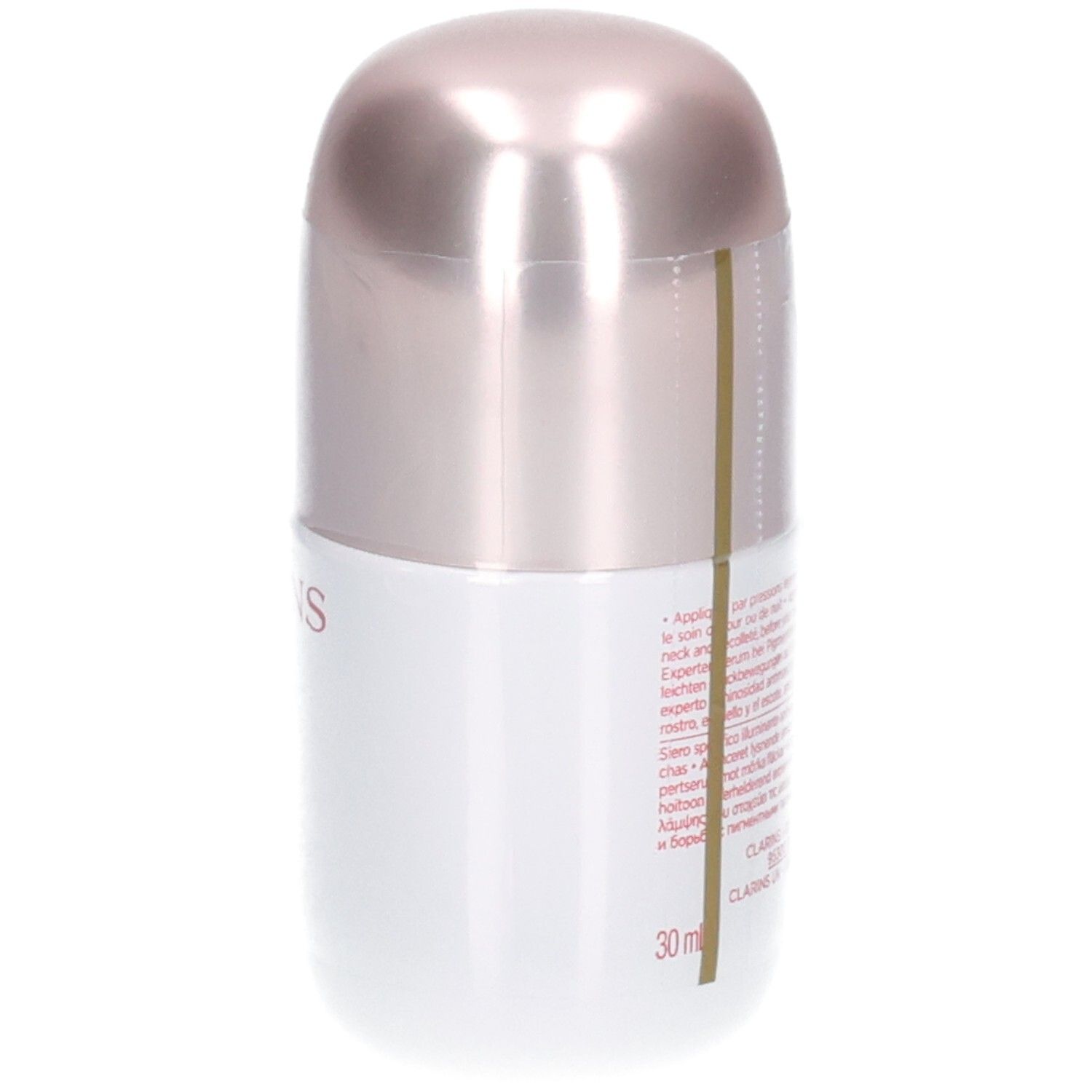 Flacon Clarins Bright Plus Sérum, dos avec indication 30ml.