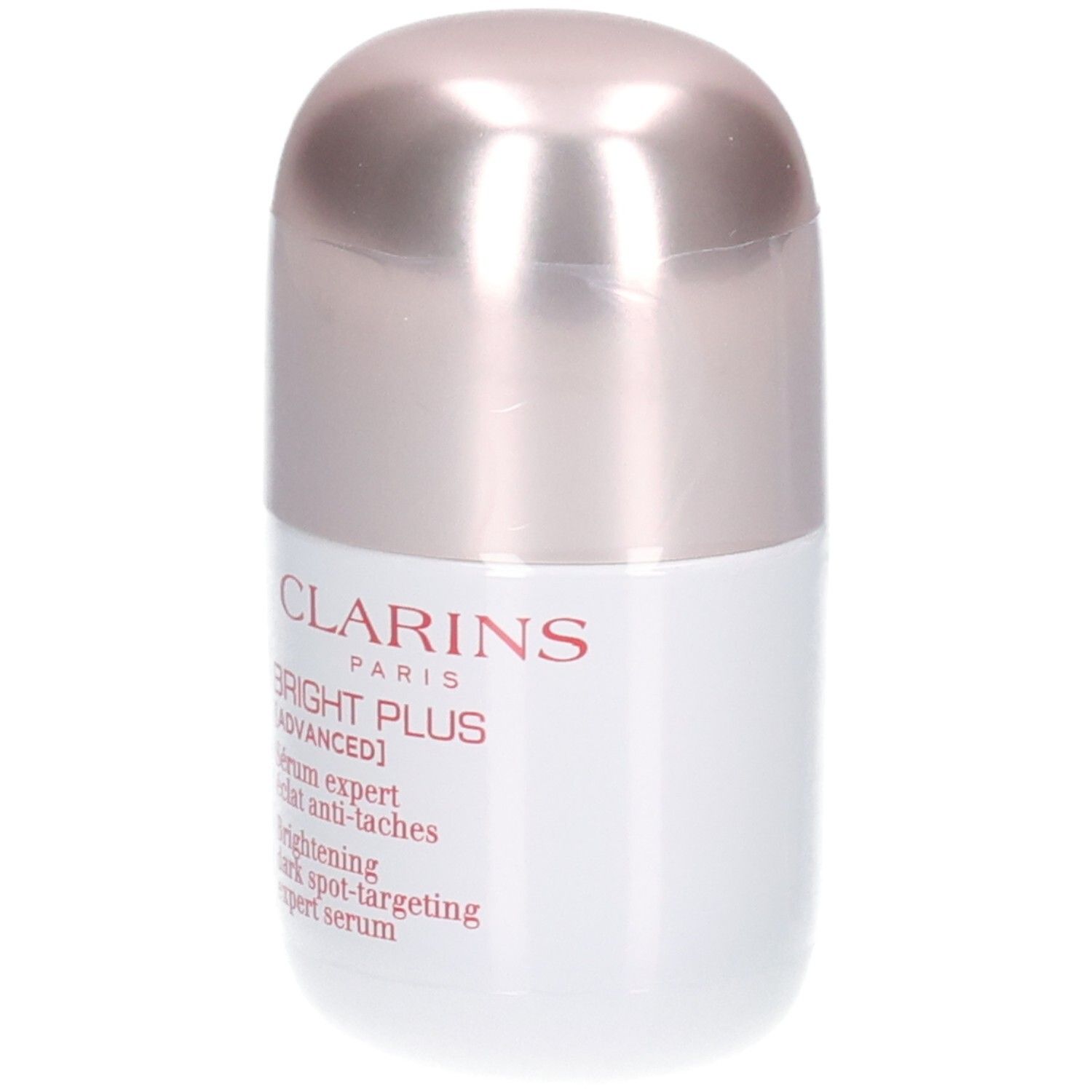Flacon Clarins Bright Plus Sérum avec bouchon rosé doré.
