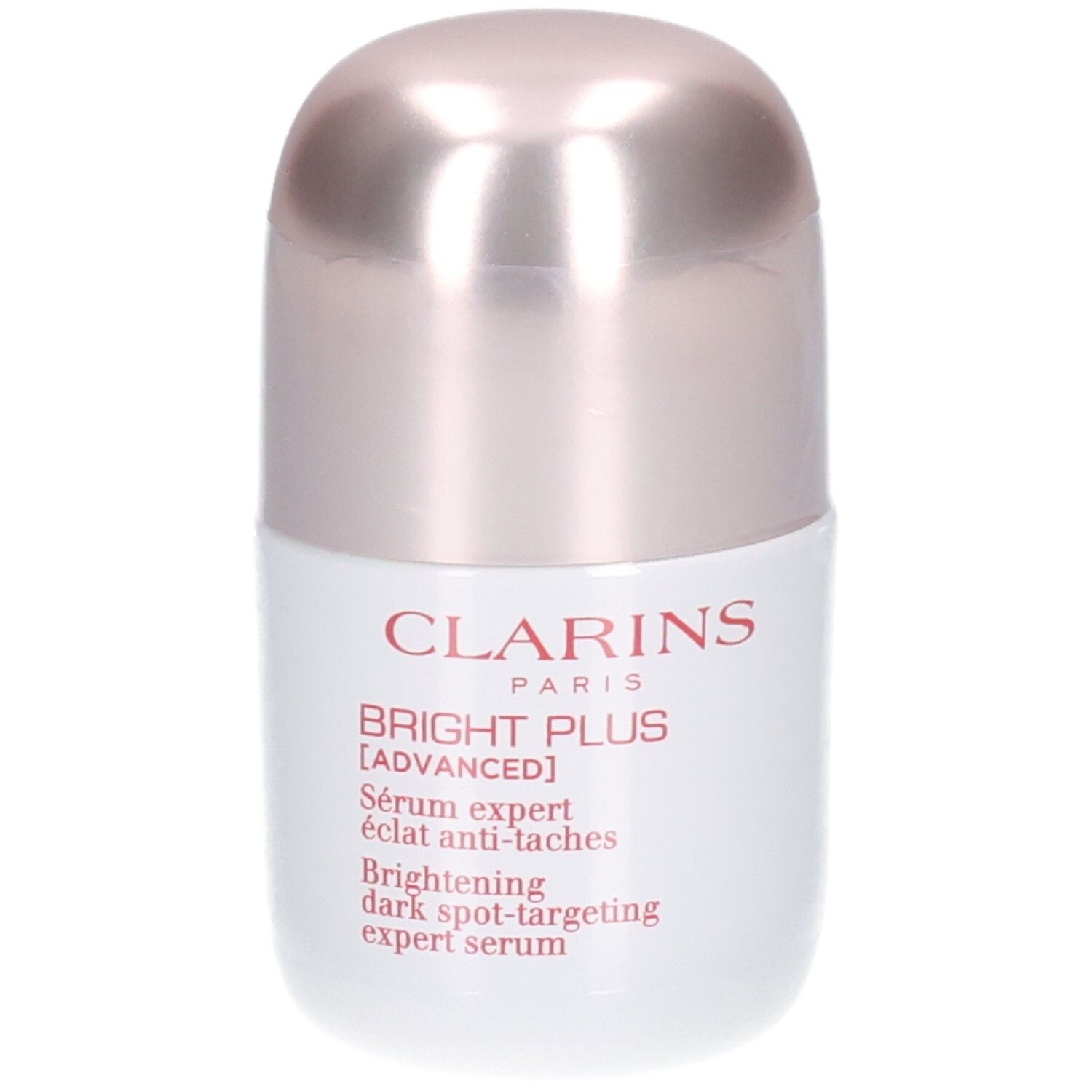 Flacon Clarins Bright Plus Sérum avec bouchon rosé doré.
