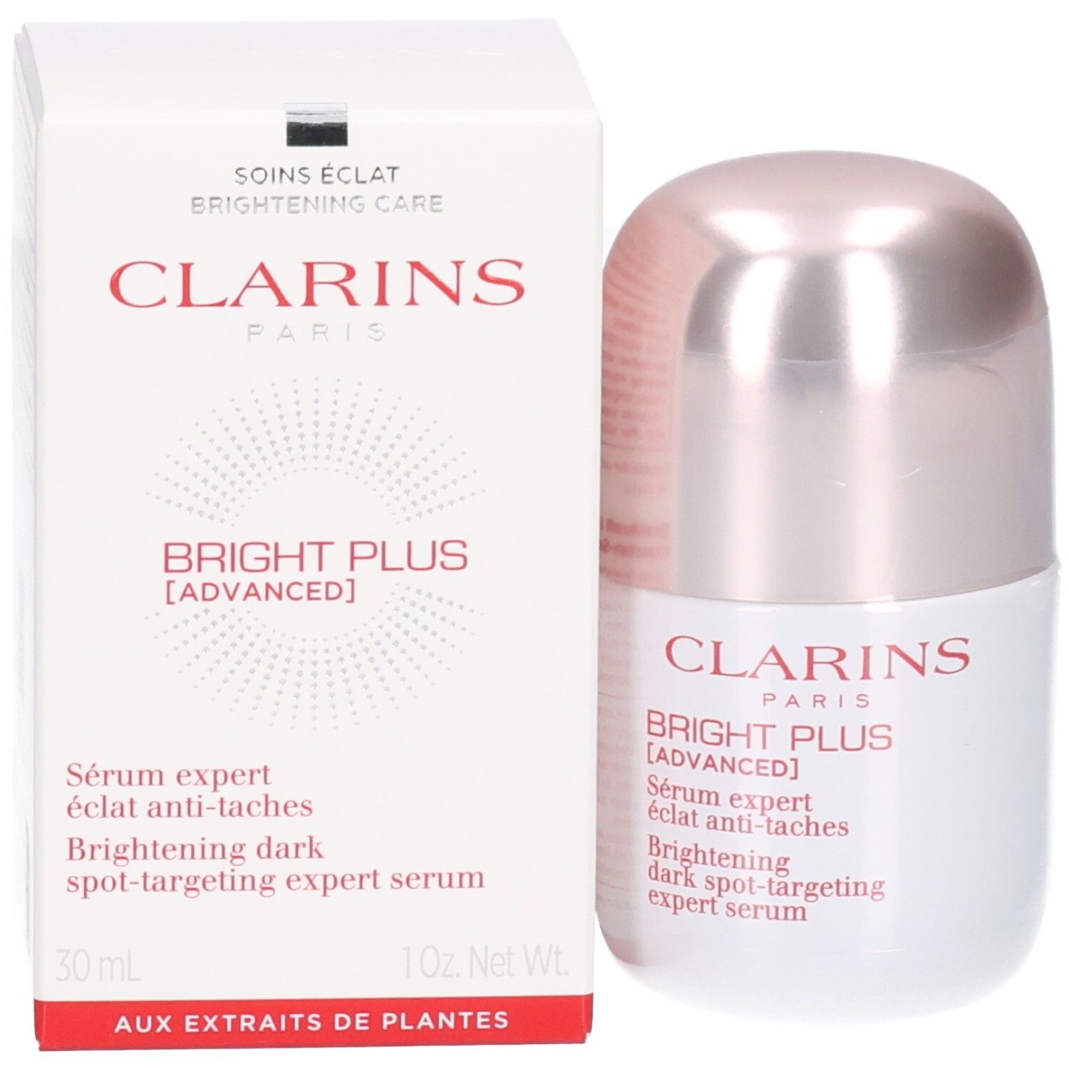 Flacon et emballage Clarins Bright Plus Sérum.