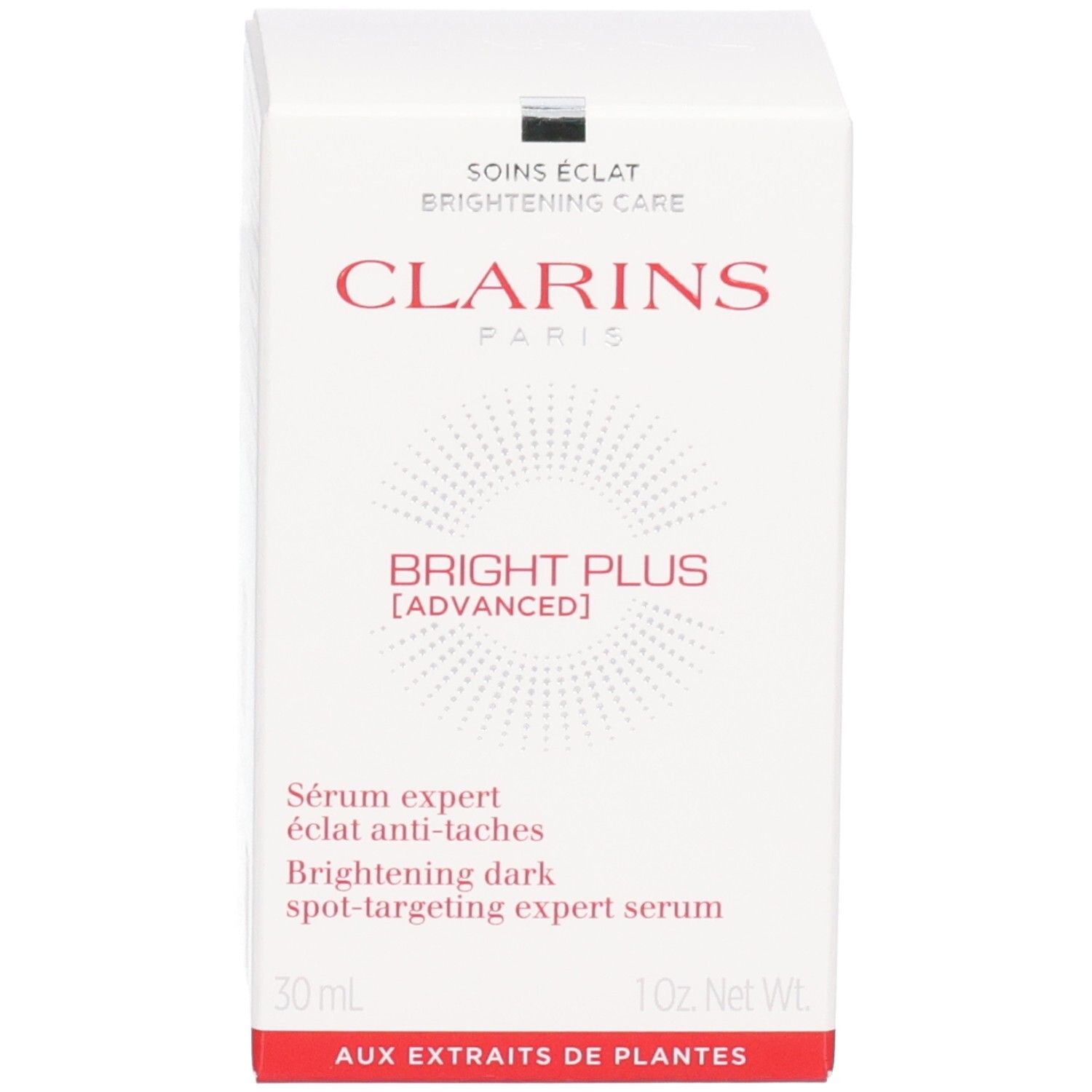 Emballage Clarins Bright Plus Sérum avec texte.