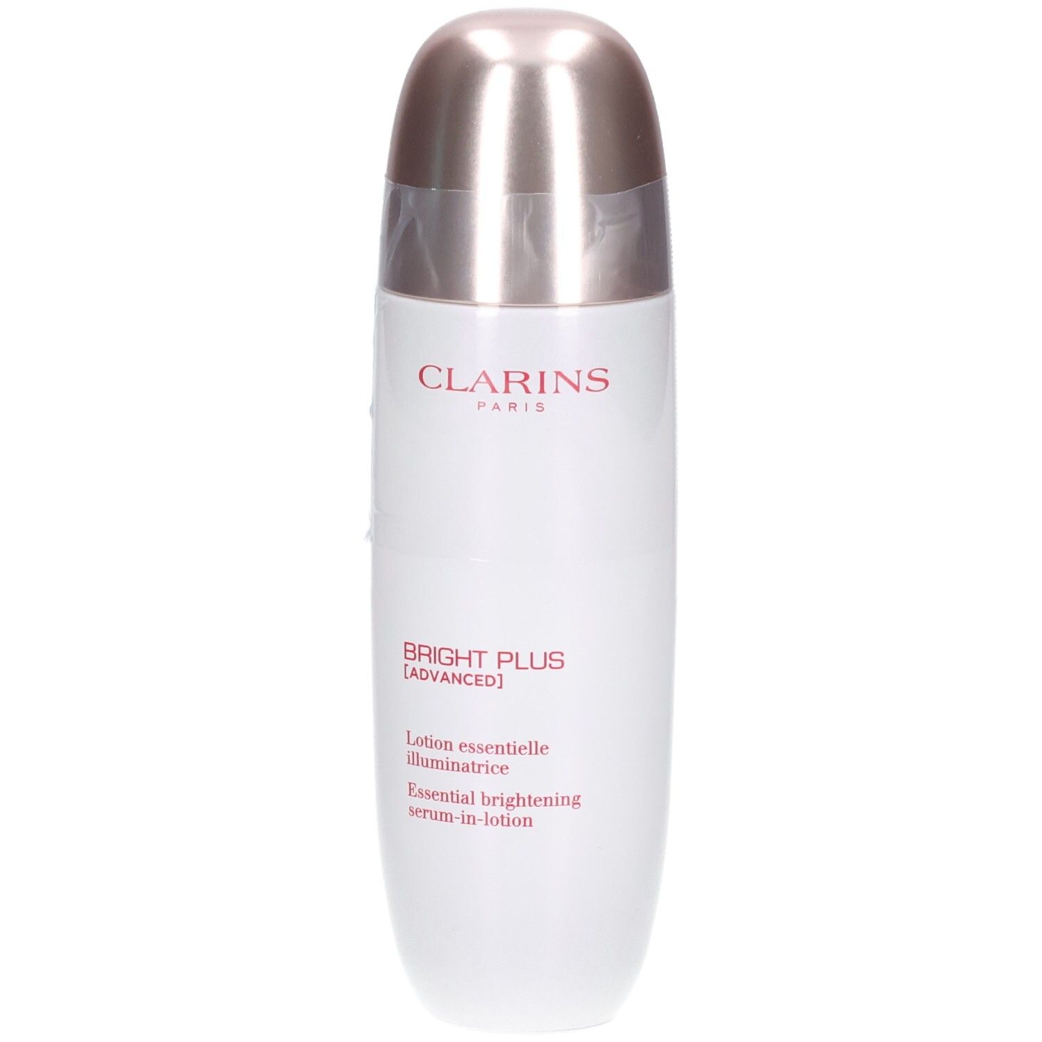 Flacon Clarins Bright Plus Sérum-en-Lotion avec bouchon argenté. Texte : CLARINS, BRIGHT PLUS [ADVANCED].