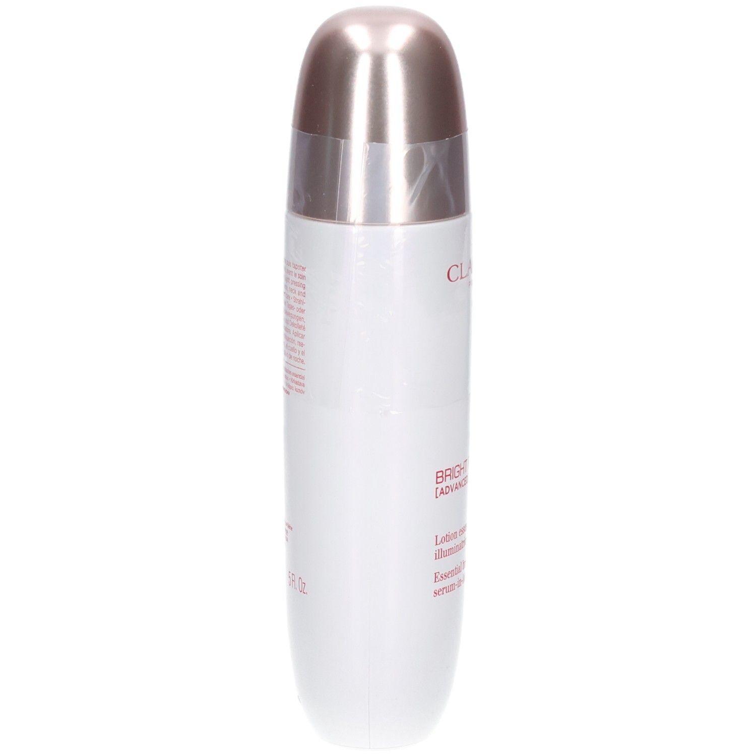 Flacon Clarins Bright Plus Sérum-en-Lotion, vue latérale. Texte : CLARINS, BRIGHT PLUS [ADVANCED].