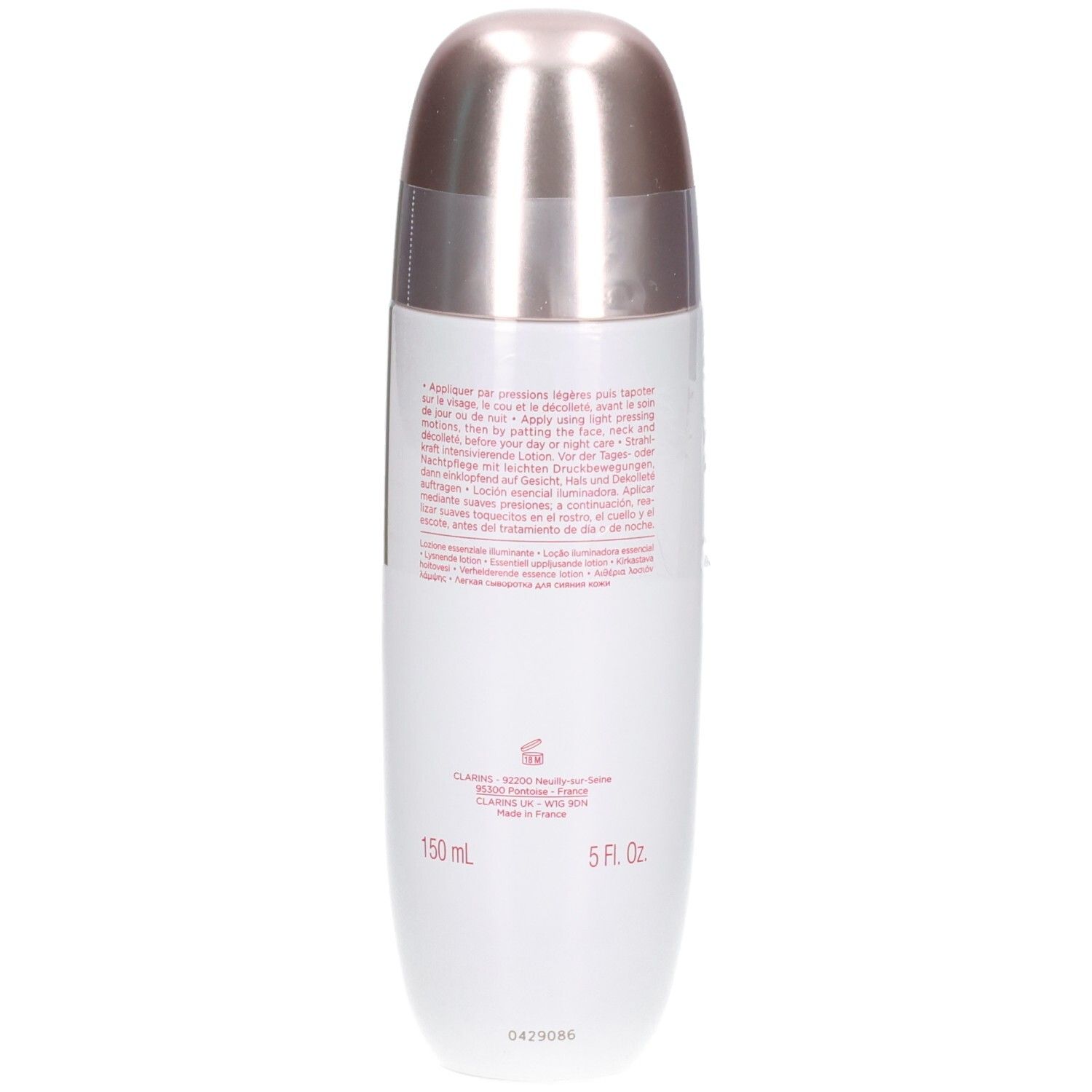 Arrière du flacon Clarins Bright Plus Sérum-en-Lotion. Contient des instructions et 150ml / 5 Fl. Oz.