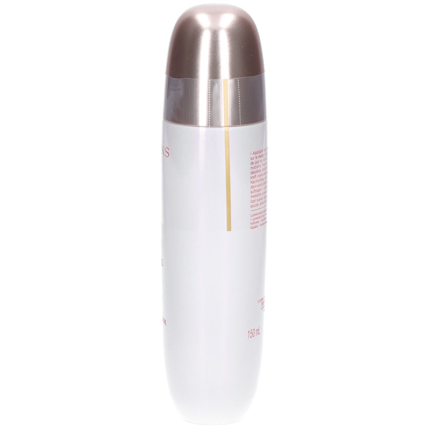 Flacon Clarins Bright Plus Sérum-en-Lotion, vue latérale oblique. Texte : CLARINS, BRIGHT PLUS [ADVANCED].