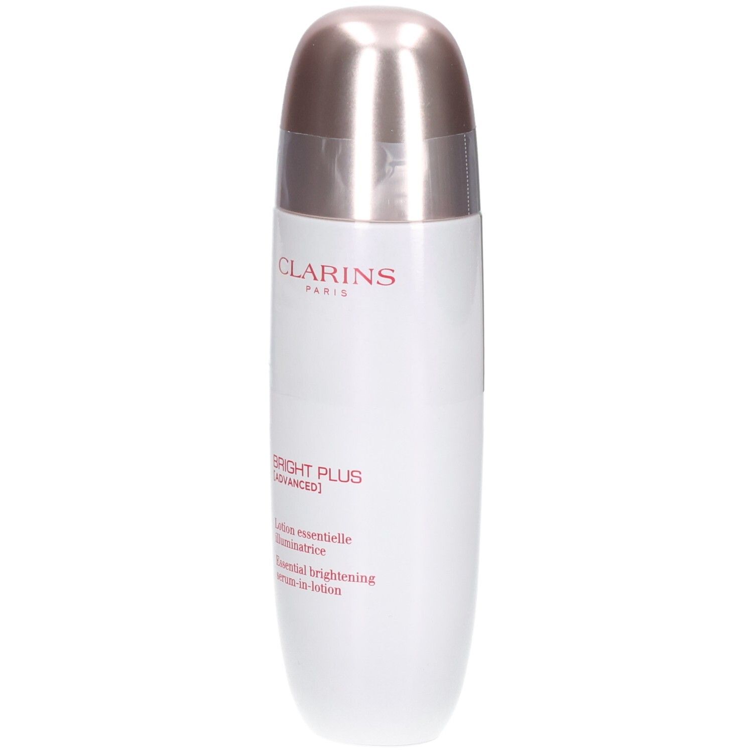 Flacon Clarins Bright Plus Sérum-en-Lotion avec bouchon argenté. Texte : CLARINS, BRIGHT PLUS [ADVANCED].