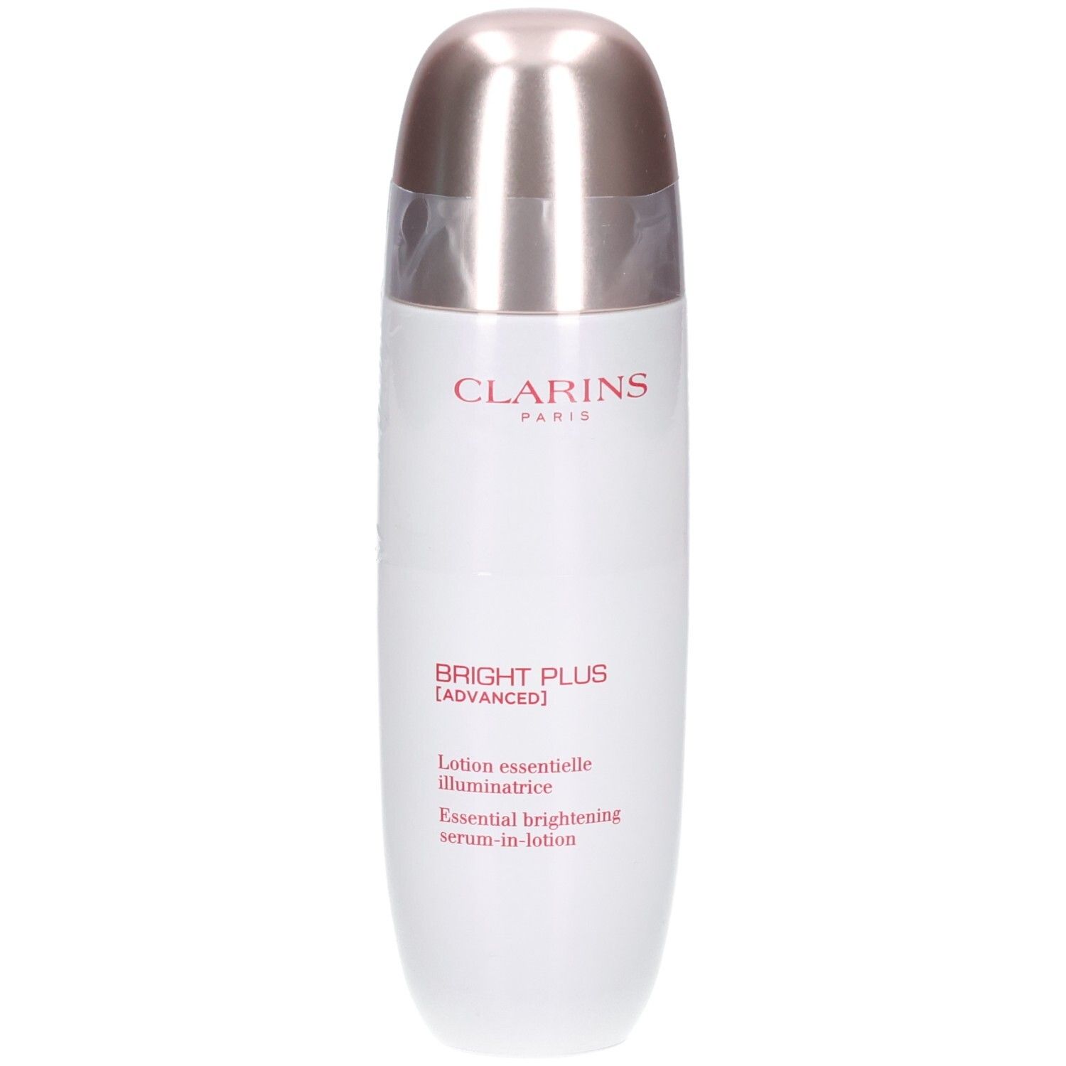 Flacon Clarins Bright Plus Sérum-en-Lotion avec bouchon argenté. Texte : CLARINS, BRIGHT PLUS [ADVANCED].