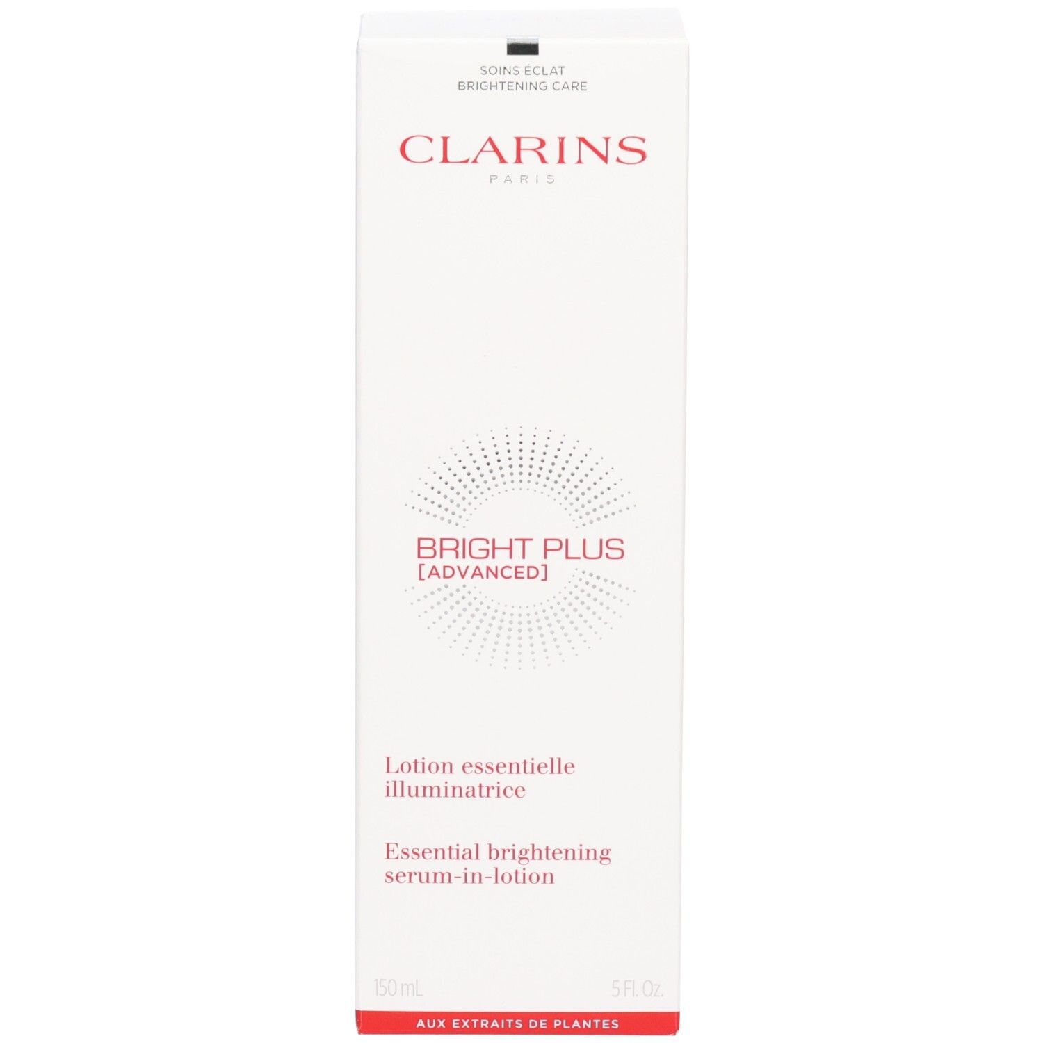 Emballage Clarins Bright Plus Sérum-en-Lotion. Texte : CLARINS, BRIGHT PLUS [ADVANCED], Lotion essentielle illuminatrice.