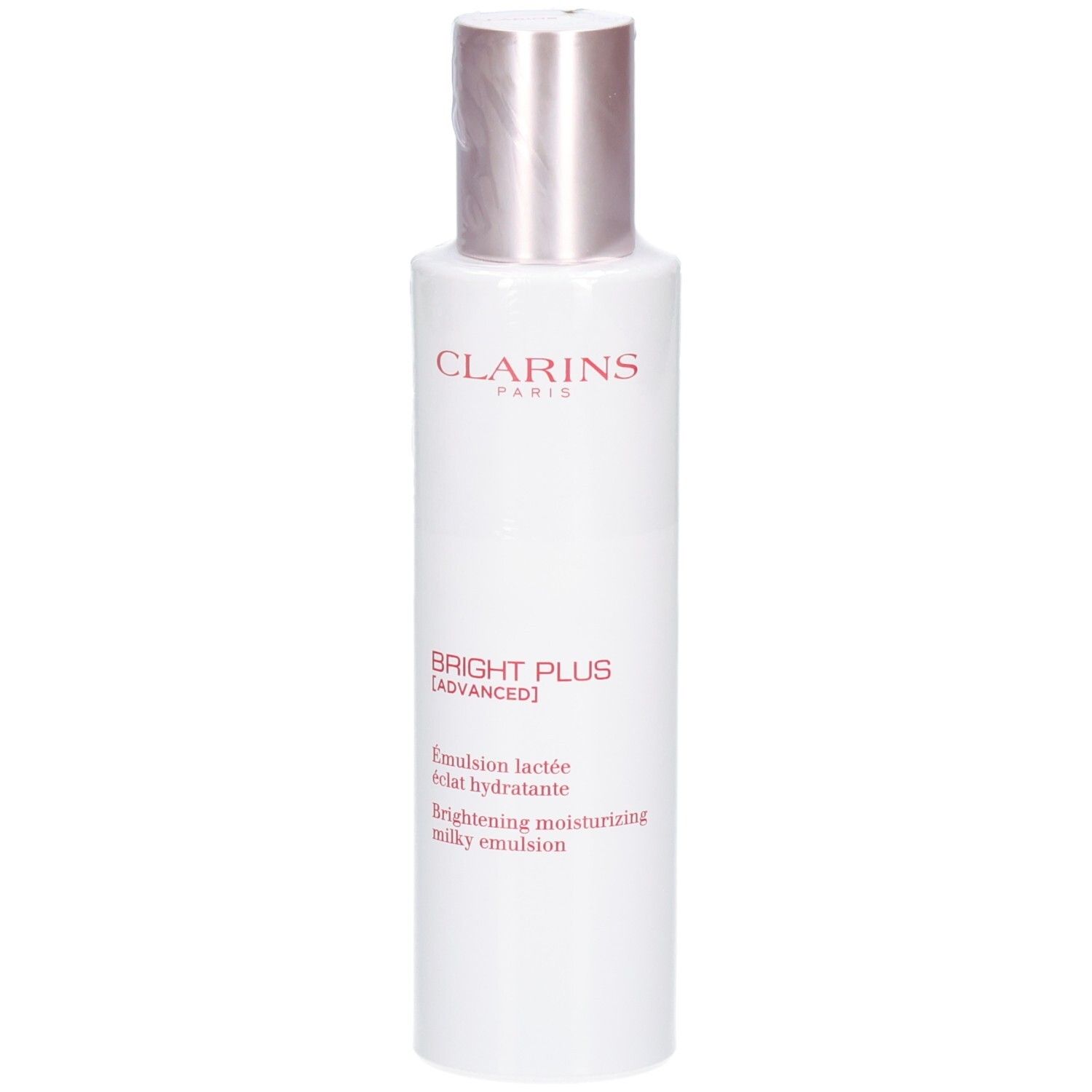 Bouteille Clarins Bright Plus Emulsion Lactee avec bouchon argenté. Nom de marque et titre du produit rouges.