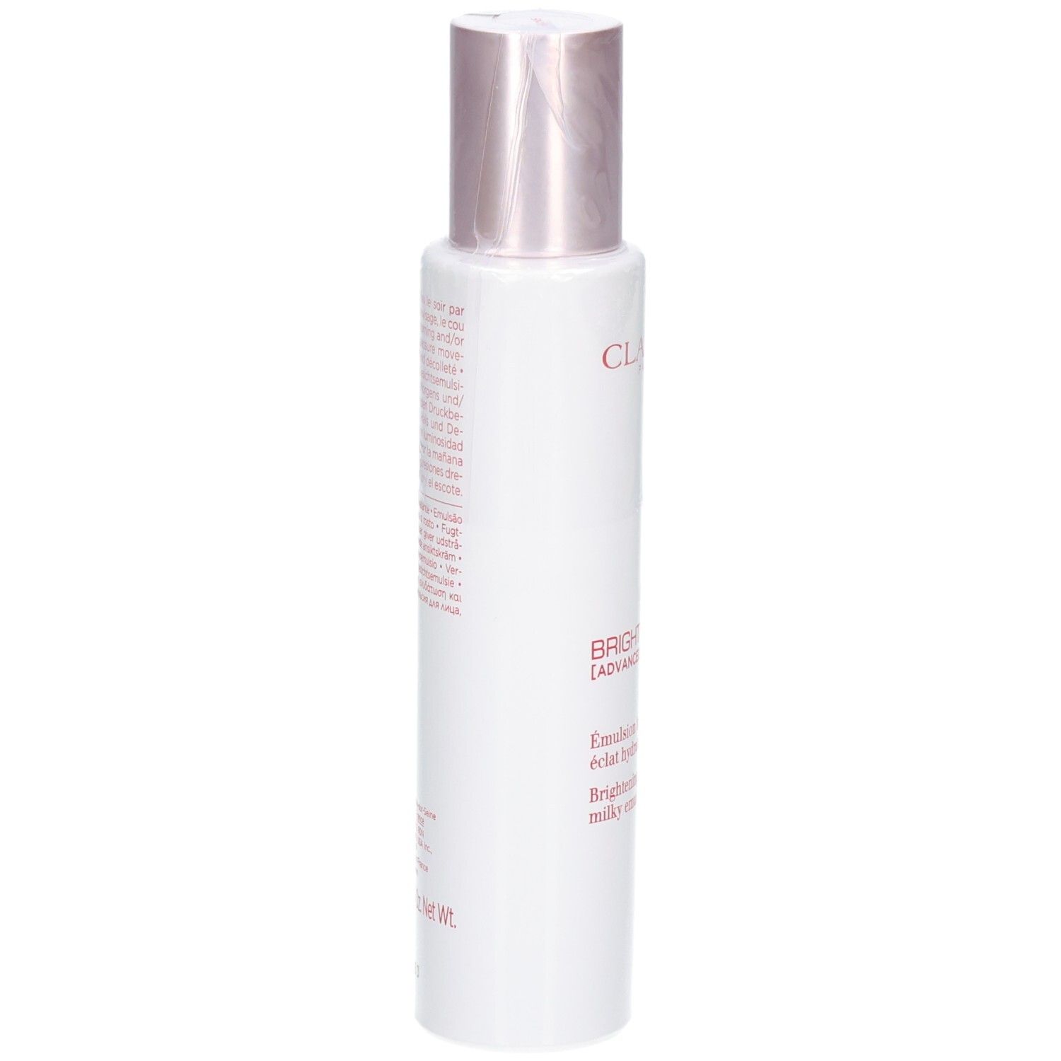 Arrière de la bouteille Clarins Bright Plus Emulsion Lactee avec informations détaillées sur le produit et les ingrédients.