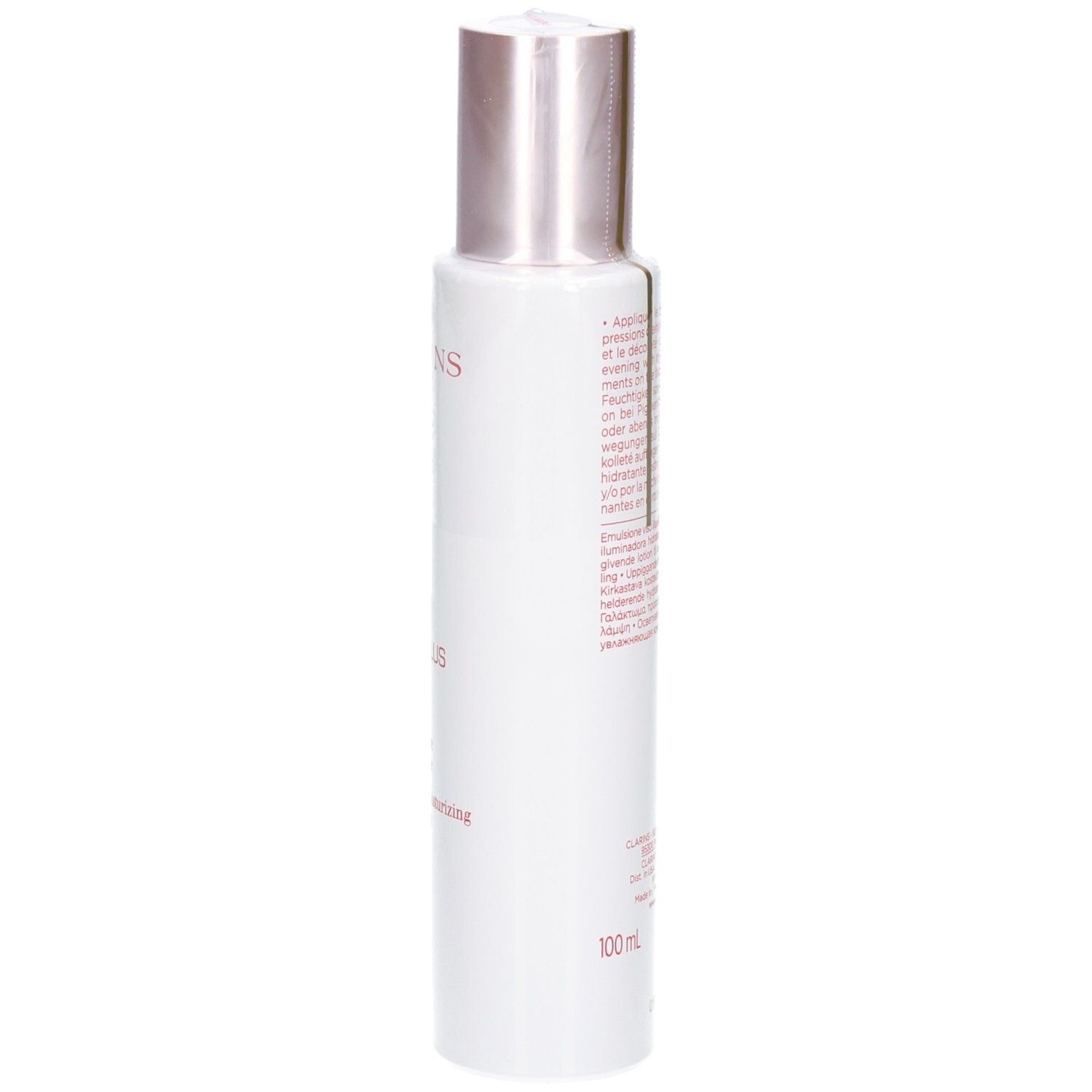 Vue latérale de la bouteille Clarins Bright Plus Emulsion Lactee, montrant le bouchon argenté et le récipient blanc.