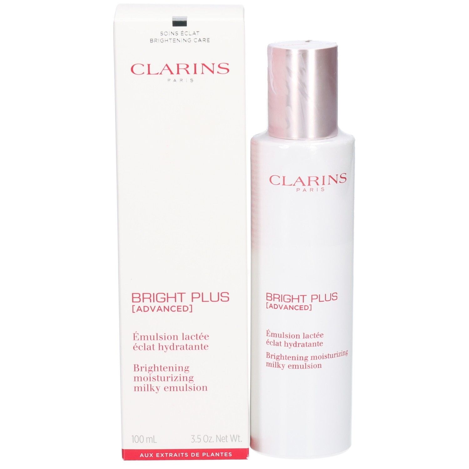 Bouteille Clarins Bright Plus Emulsion Lactee à côté de sa boîte d'emballage. Les deux montrent le nom de marque et le titre du produit rouges.