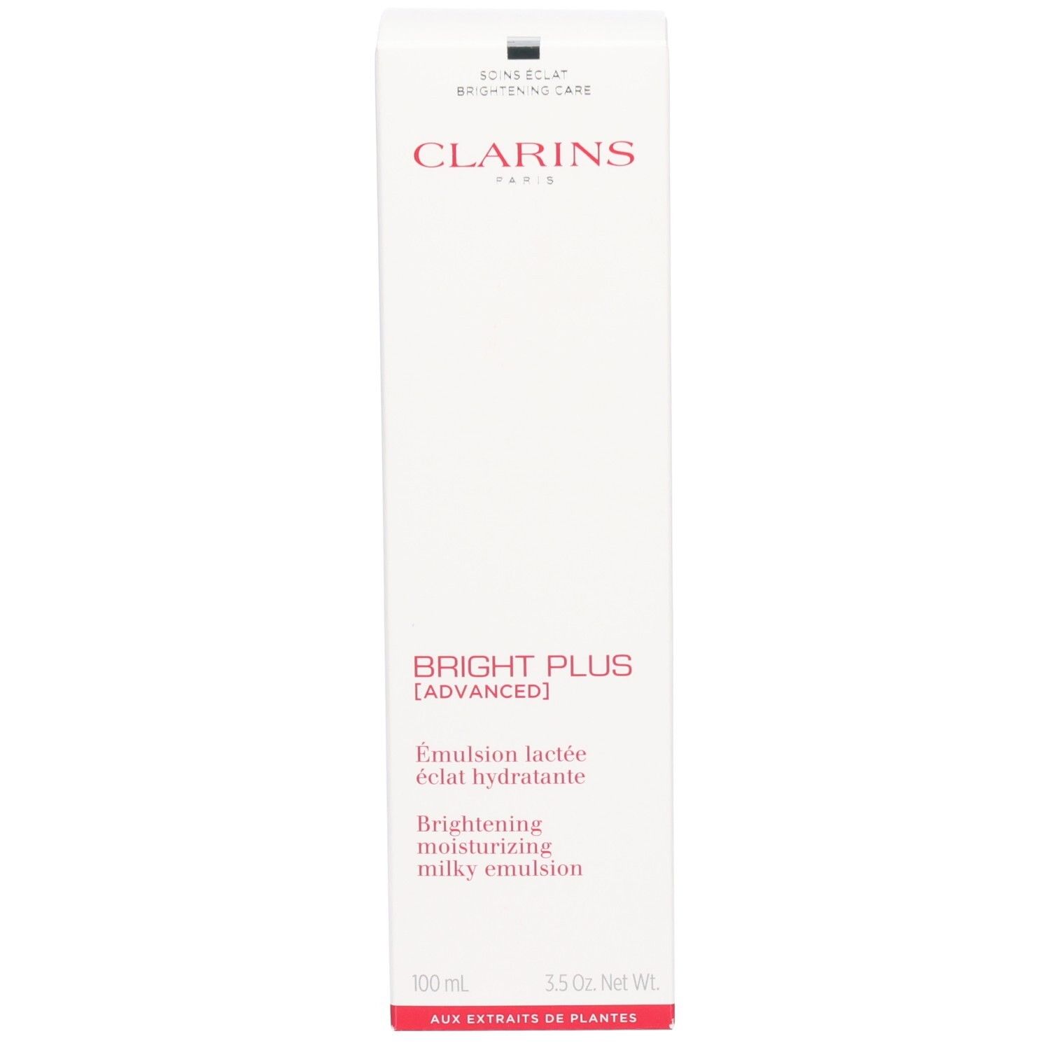 Boîte d'emballage pour Clarins Bright Plus Emulsion Lactee avec détails de marque rouges et informations produit.