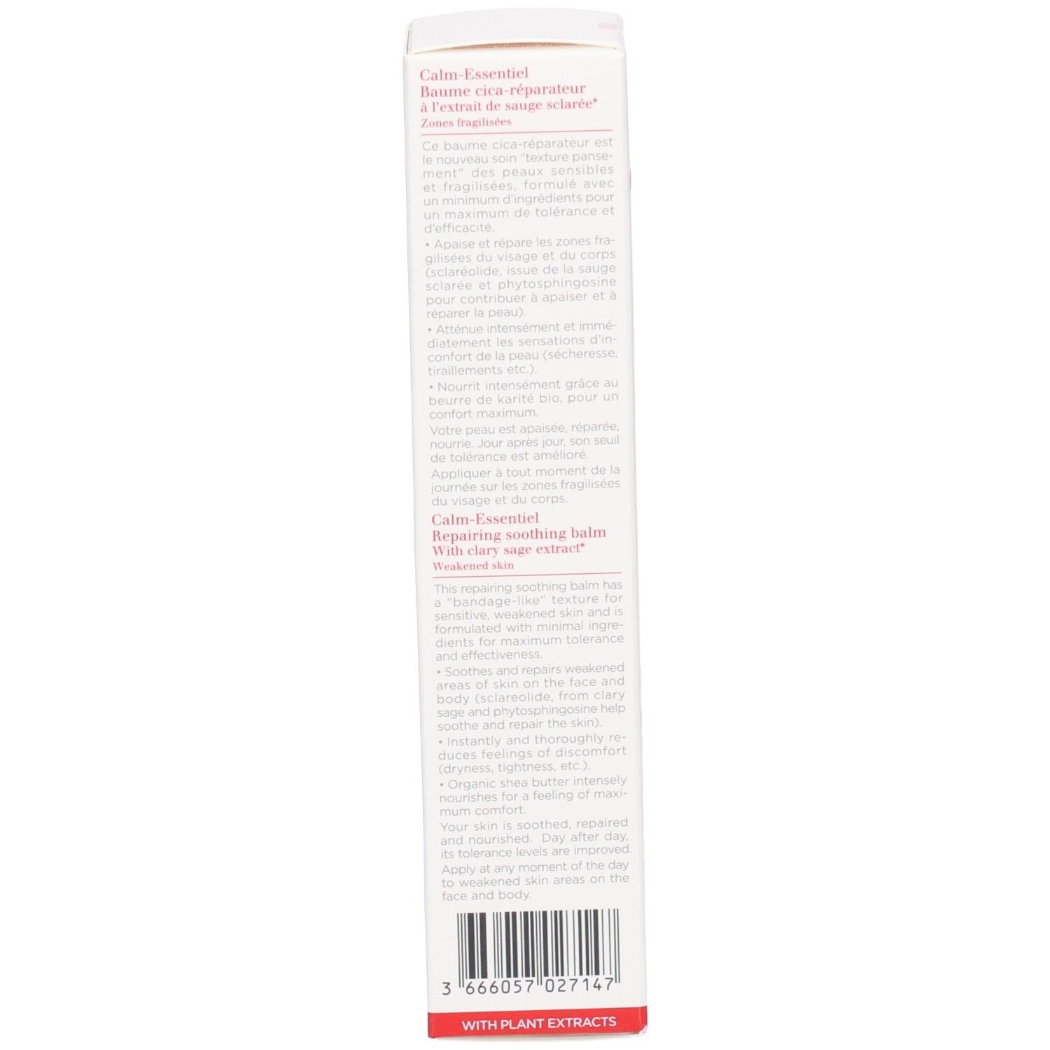 Clarins Calm Essentiel : Informations produit et ingrédients au dos du packaging.