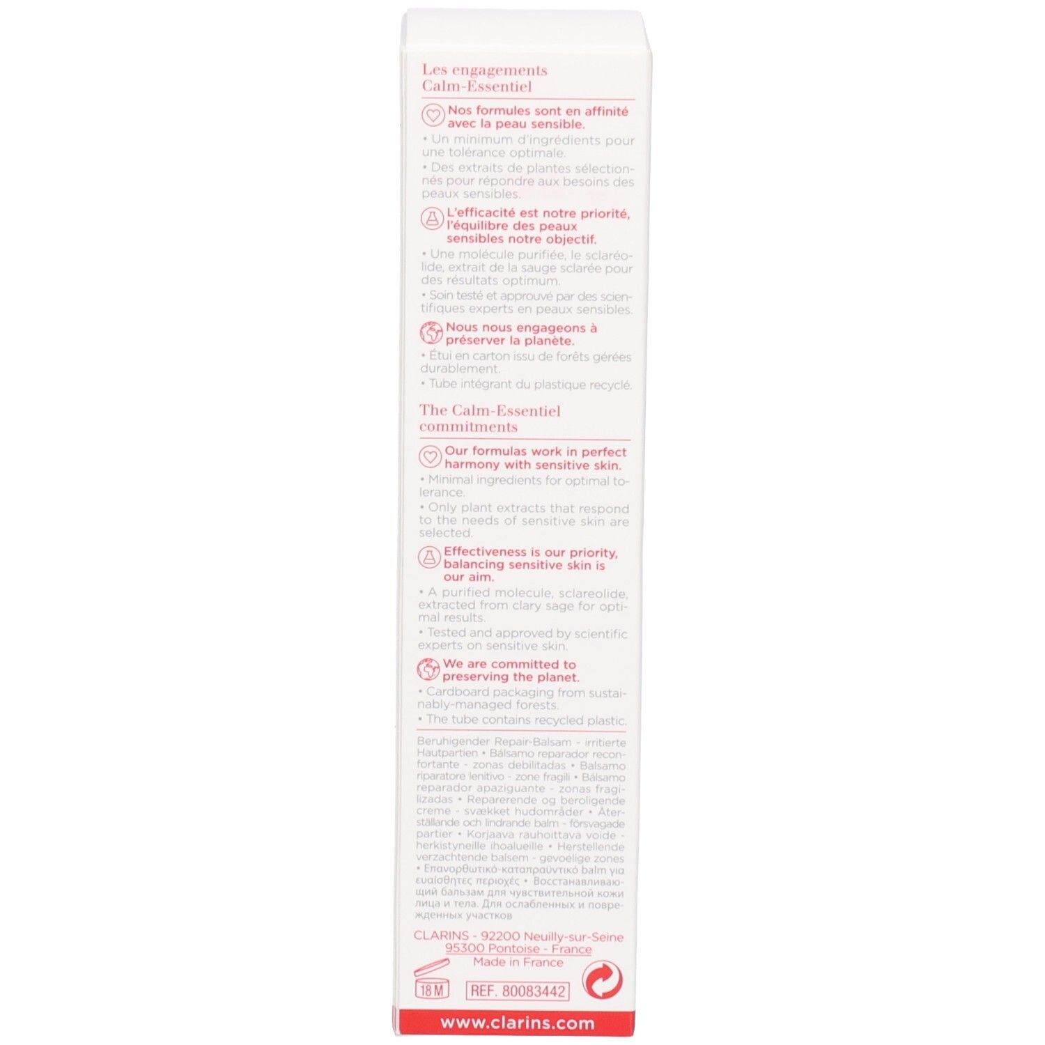 Clarins Calm Essentiel : Informations produit et ingrédients au dos du packaging.